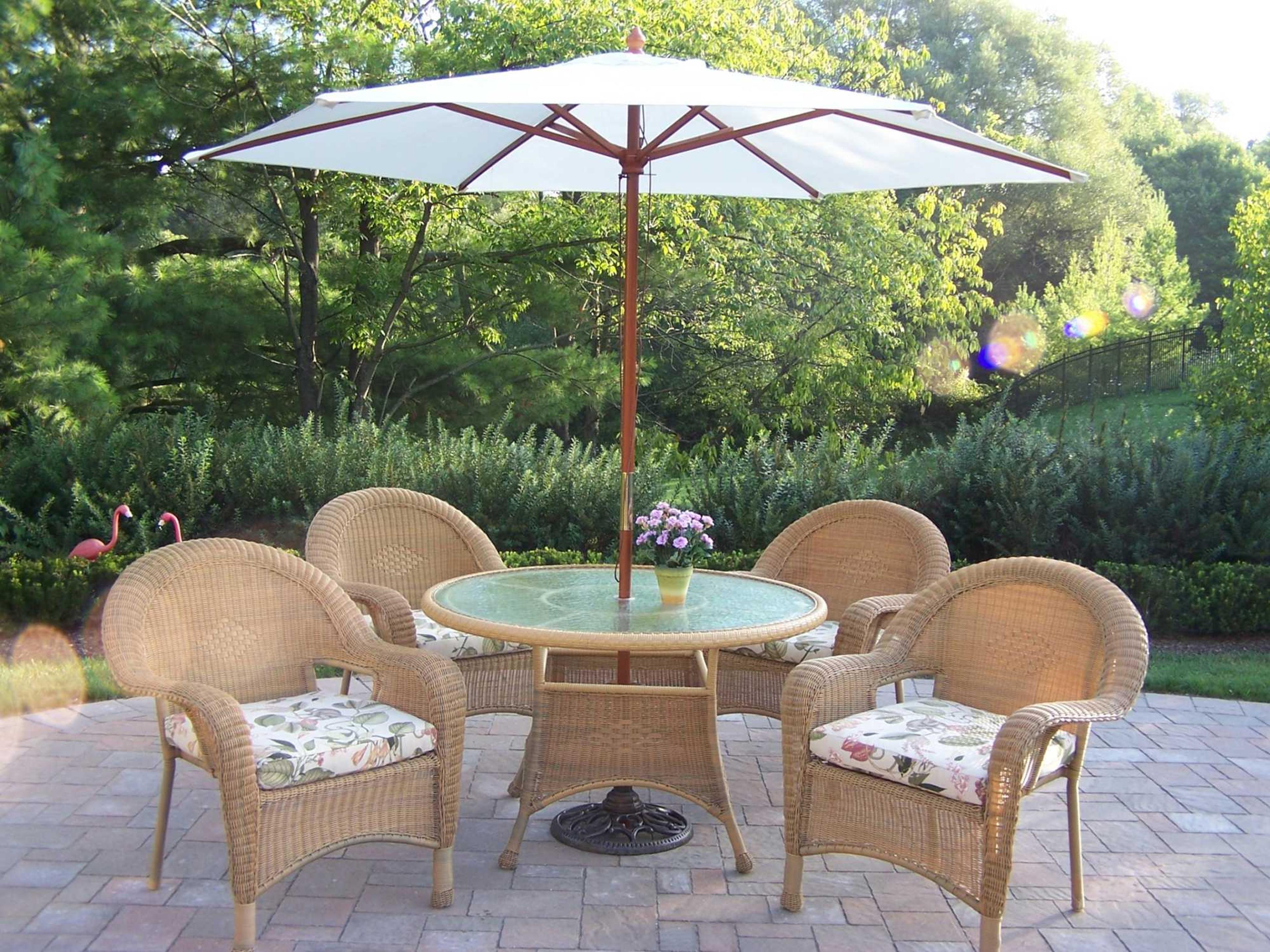 Oakland Living Resin Wicker Casual Cushion with Umbrella and Stand Outdoor Dining Set