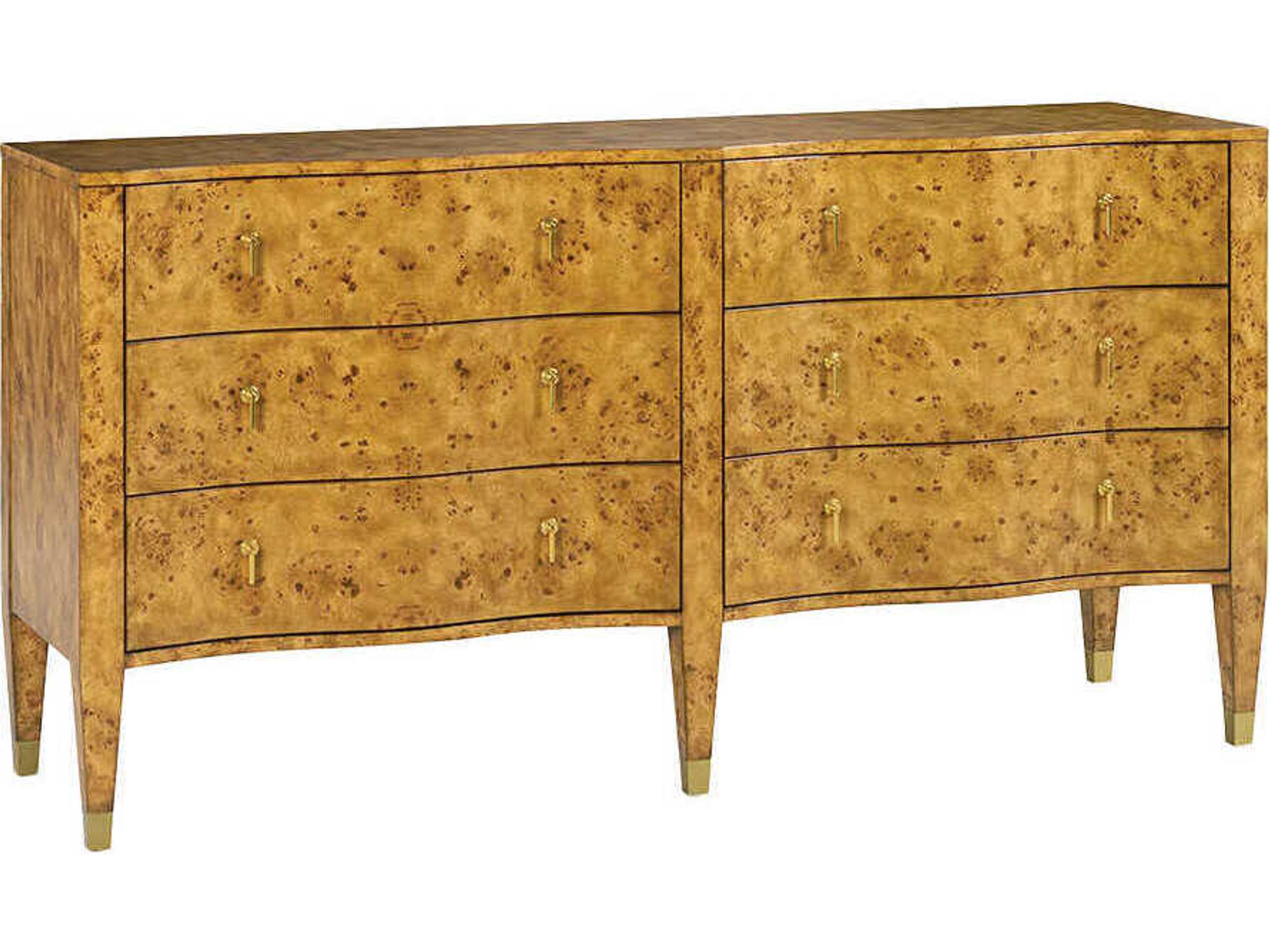 Serpentine 6-Drawers Brown Burlwood Double Dresser