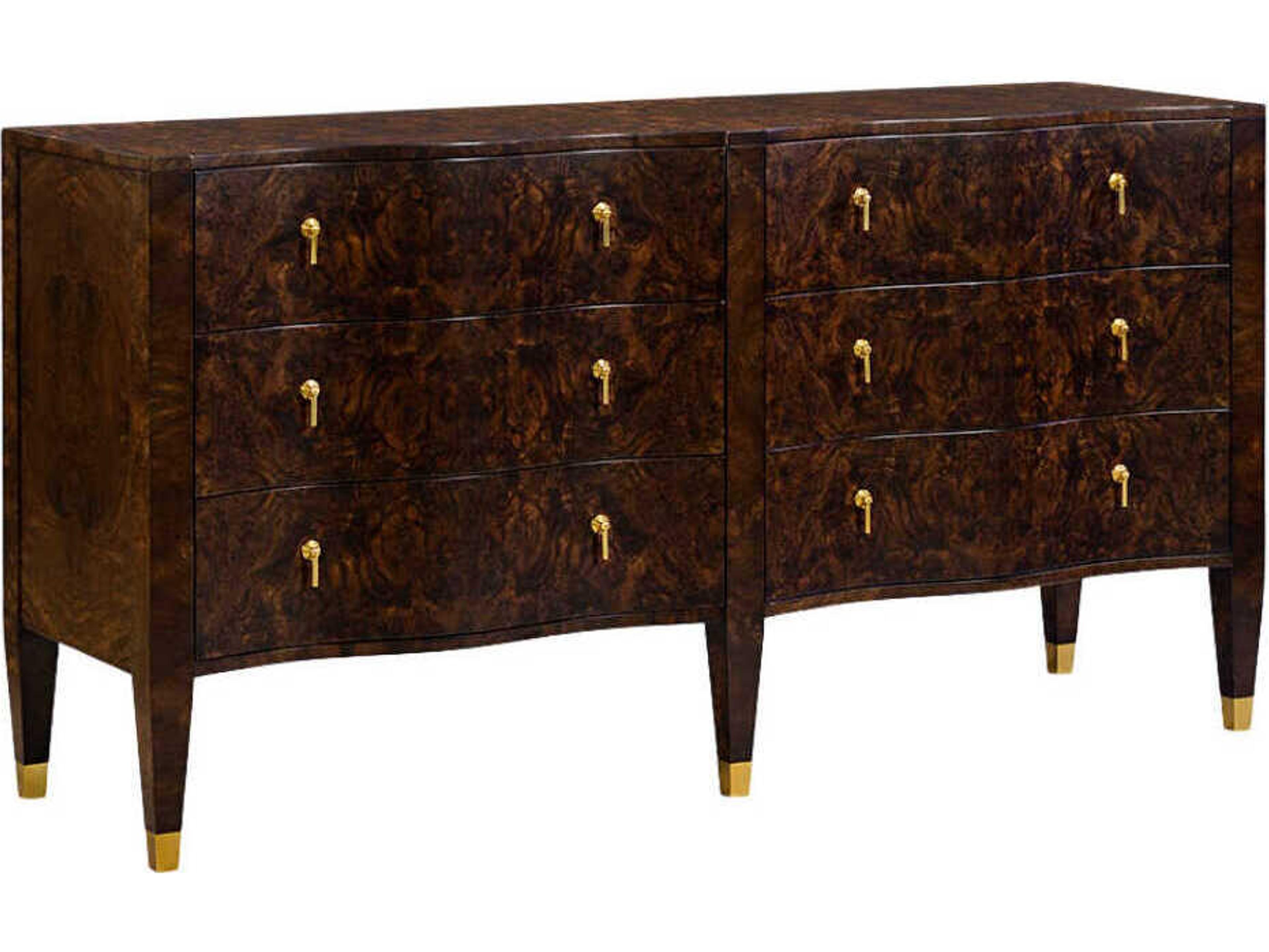 Serpentine 6-Drawers Brown Burlwood Double Dresser
