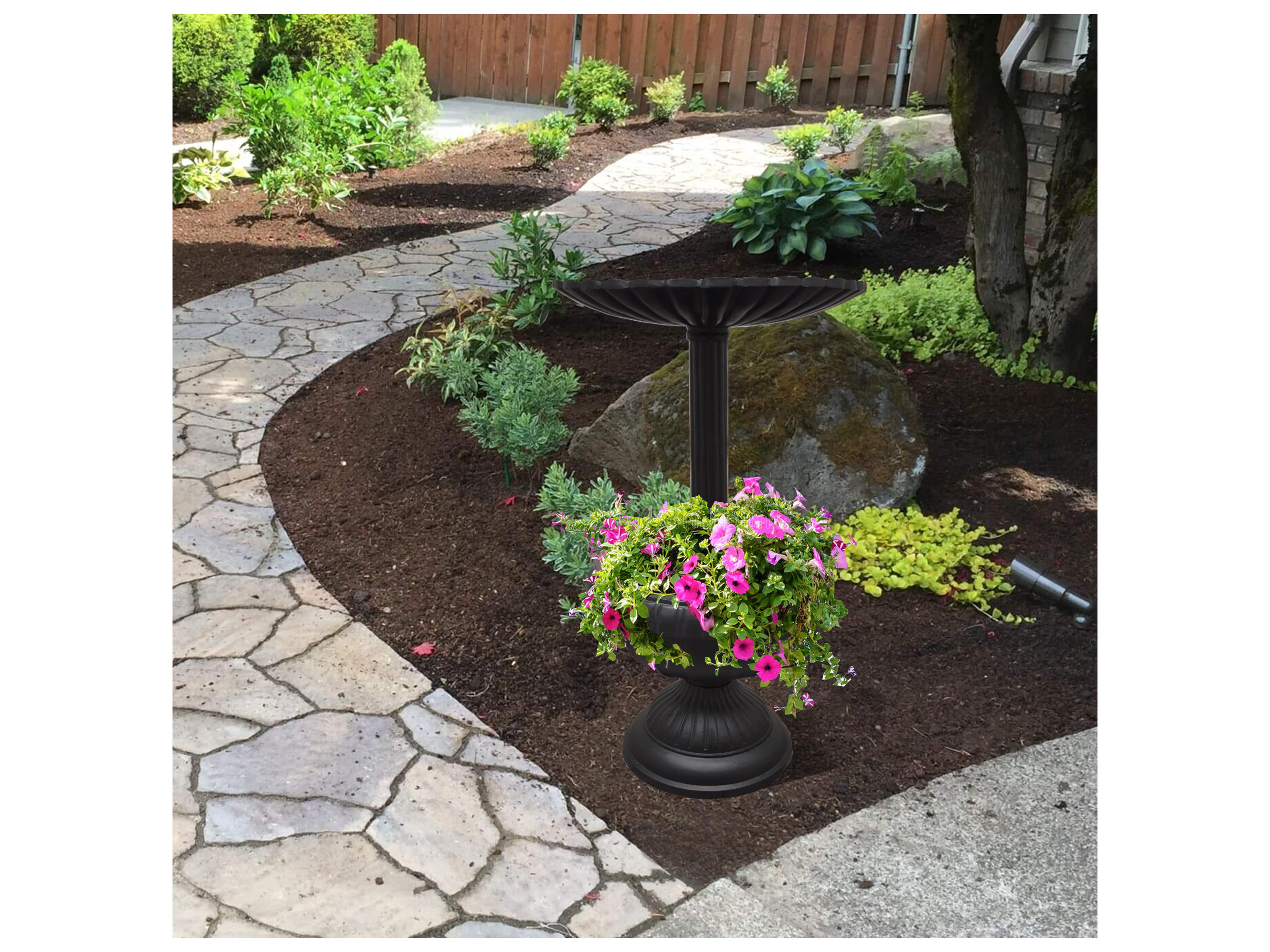 Oakland Living Ornate Round Cast Aluminum 35'' Black Bird Bath and Planter Vase Combo