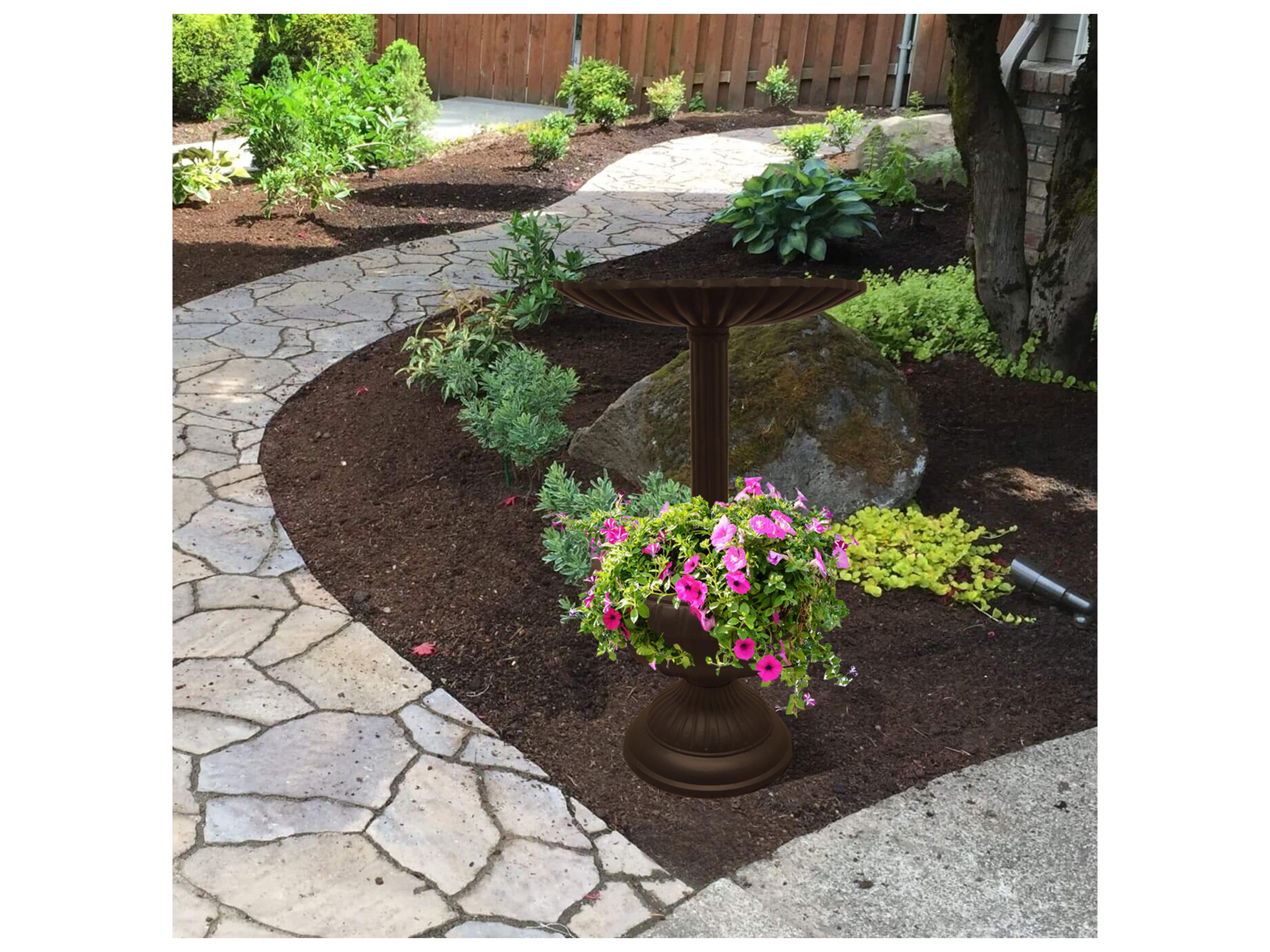 Oakland Living Ornate Round Cast Aluminum 35'' Brown Bird Bath and Planter Vase Combo