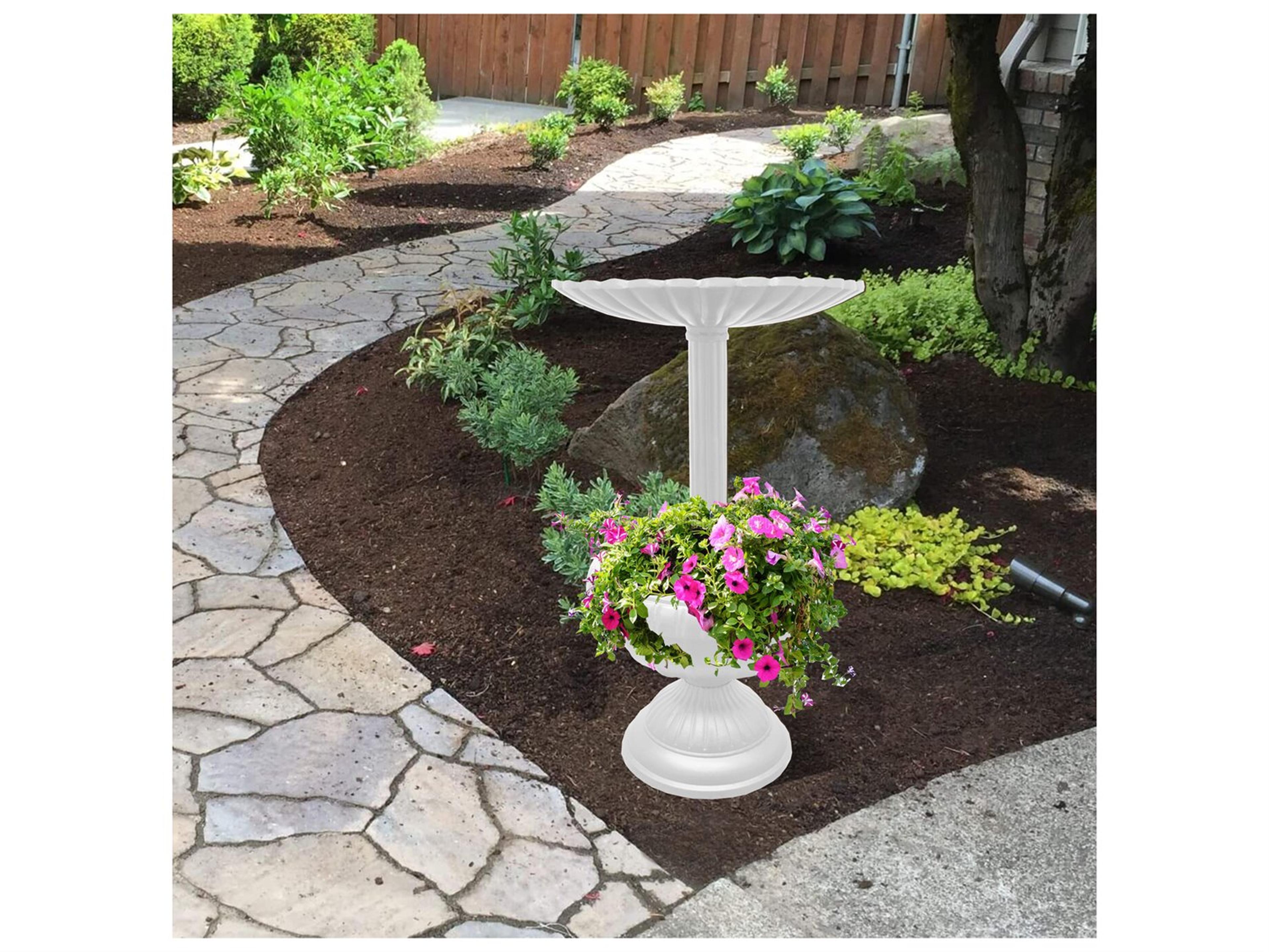 Oakland Living Ornate Round Cast Aluminum 35'' White Bird Bath and Planter Vase Combo