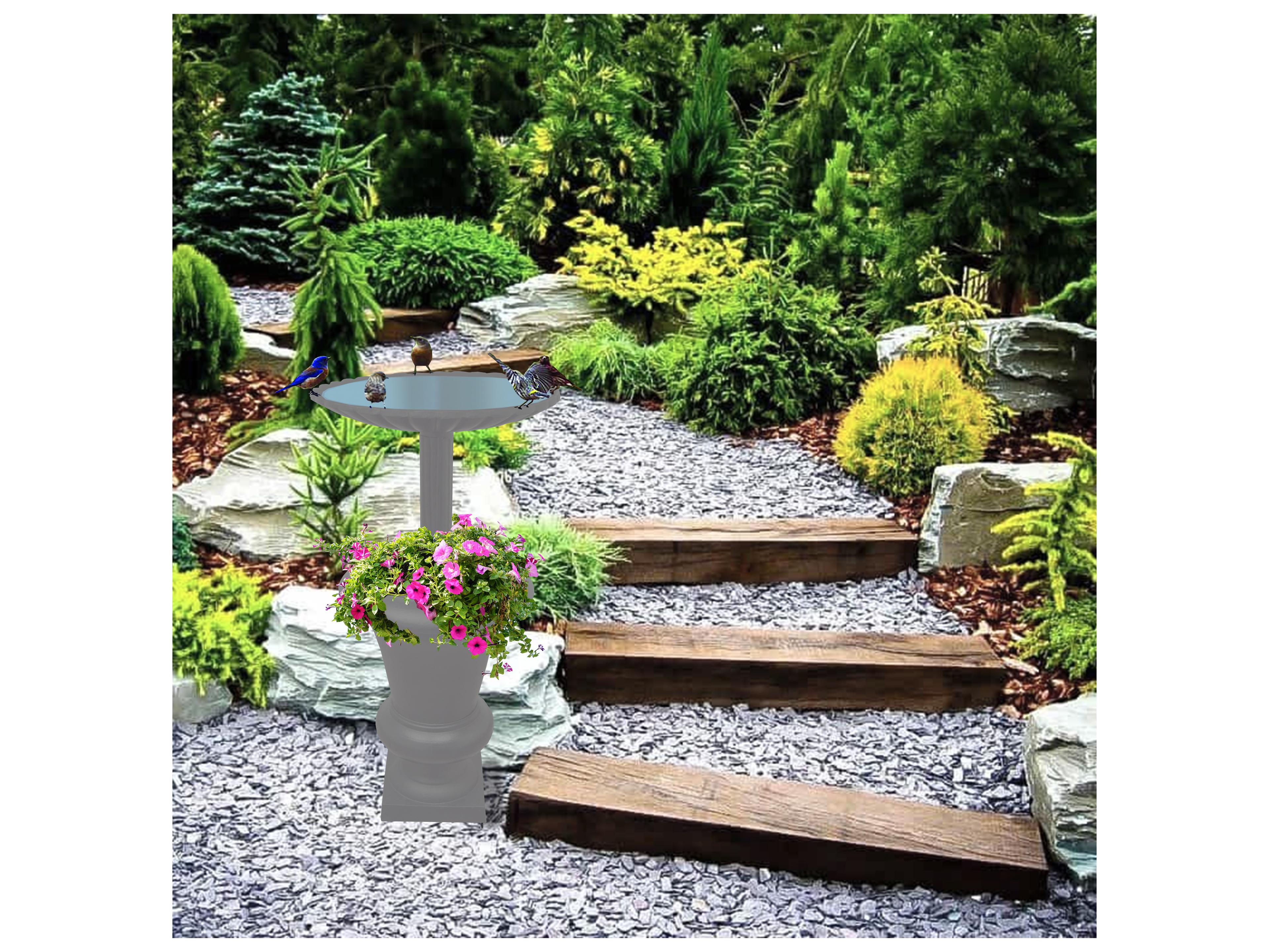 Oakland Living Ornate Round Cast Aluminum 40'' Grey Bird Bath and Planter Vase Combo