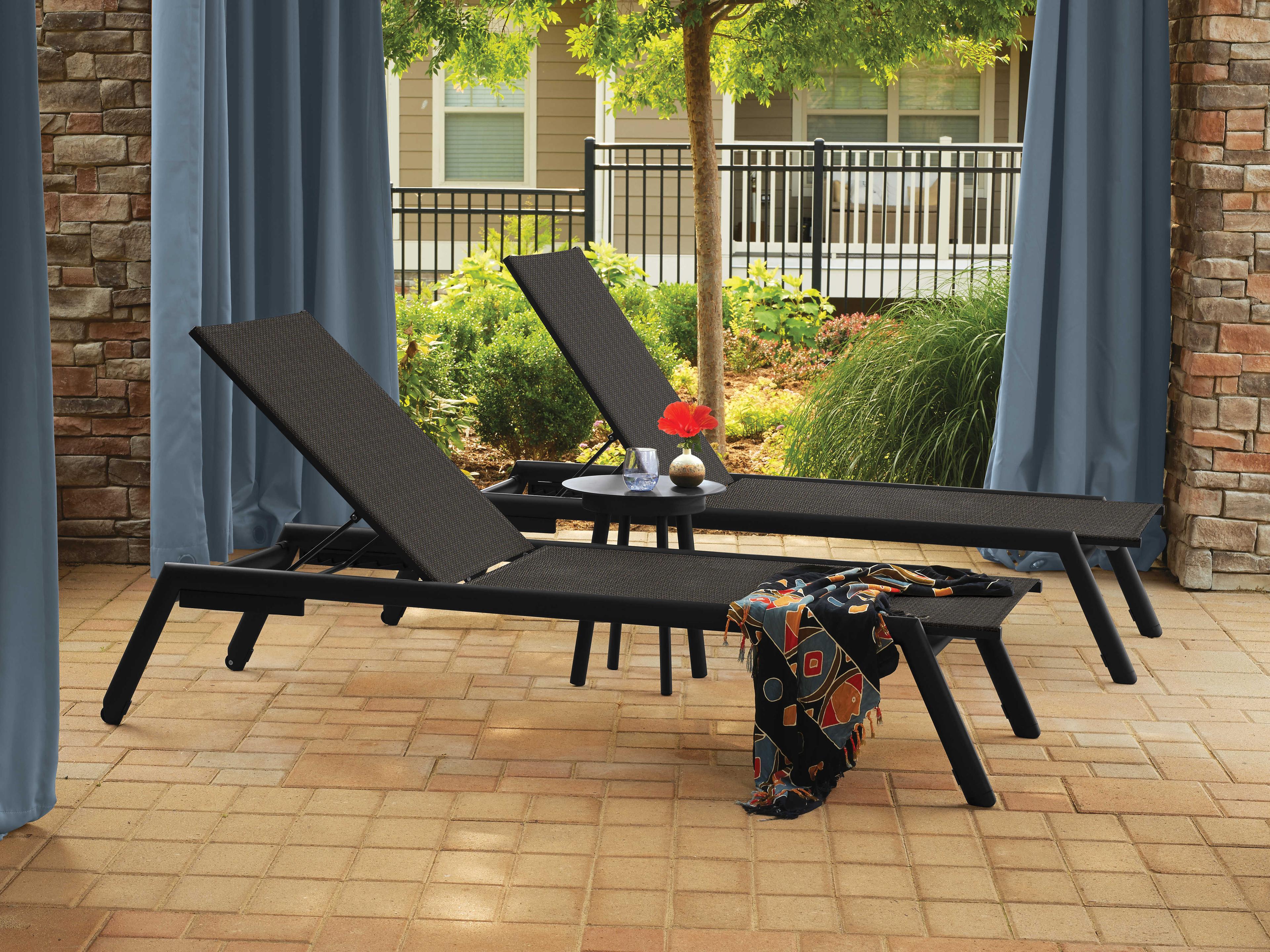 Eiland Two Aluminum Sling Chaise Lounge and End Table Set