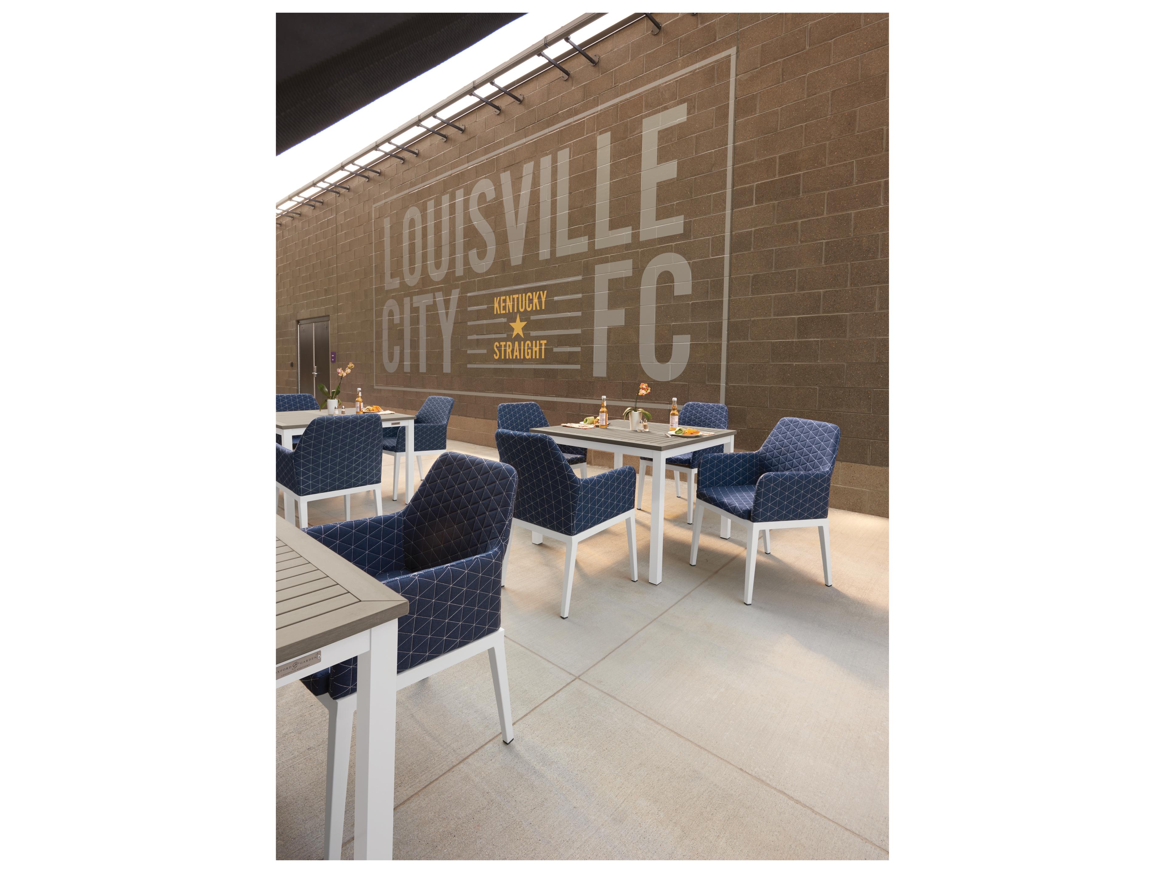 Oxford Garden Oland Aluminum Chalk 3 Piece Outdoor Dining Set with Spectrum Indigo Cushions