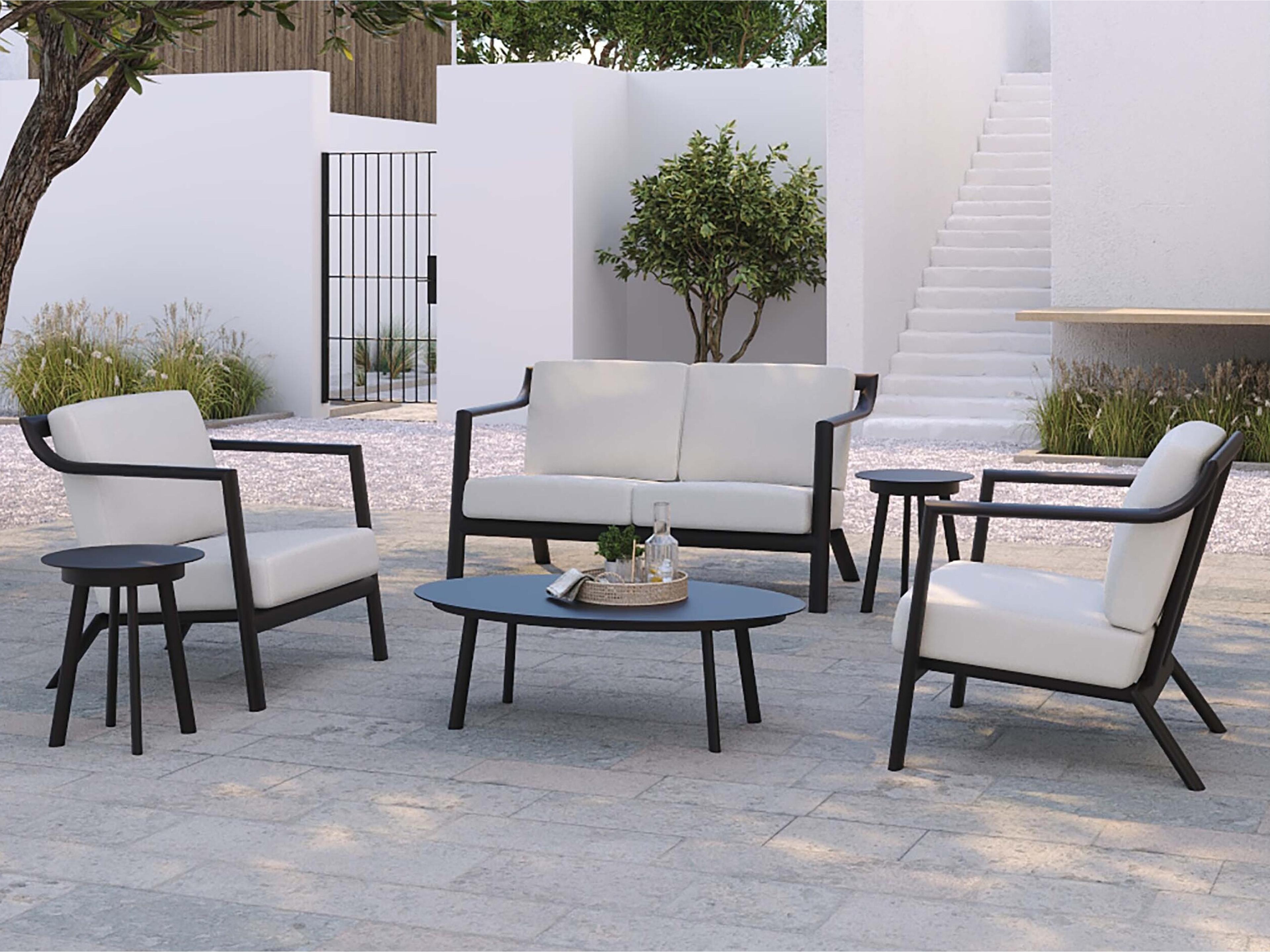 Oxford Garden Markoe Aluminum Carbon 6 Piece Outdoor Patio Lounge Set with Sunbrella Bliss Linen Cushions
