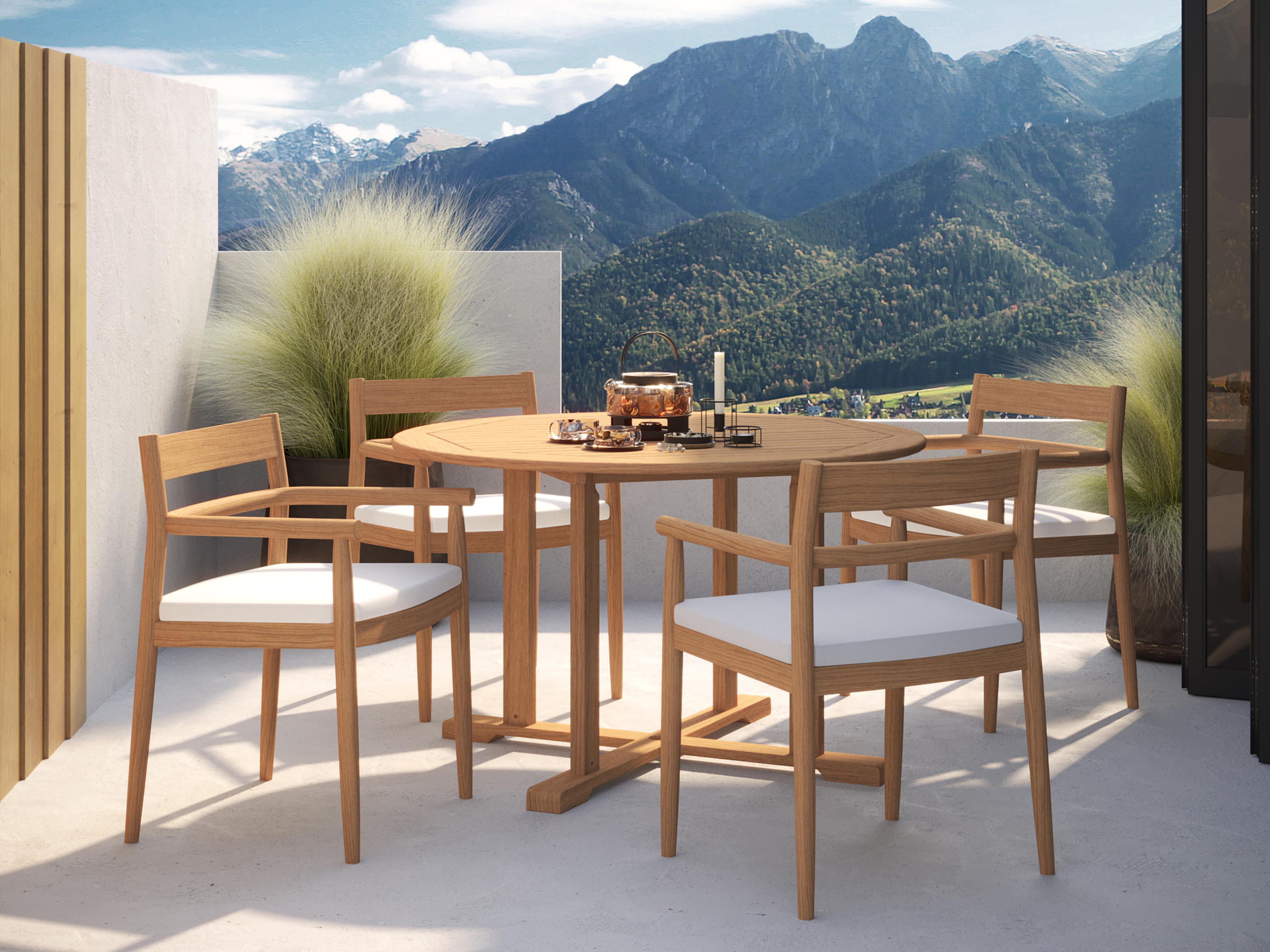 Oxford Garden Lido Teak Natural 5 Piece Outdoor Dining Set with Sunbrella Bliss Linen Cushions