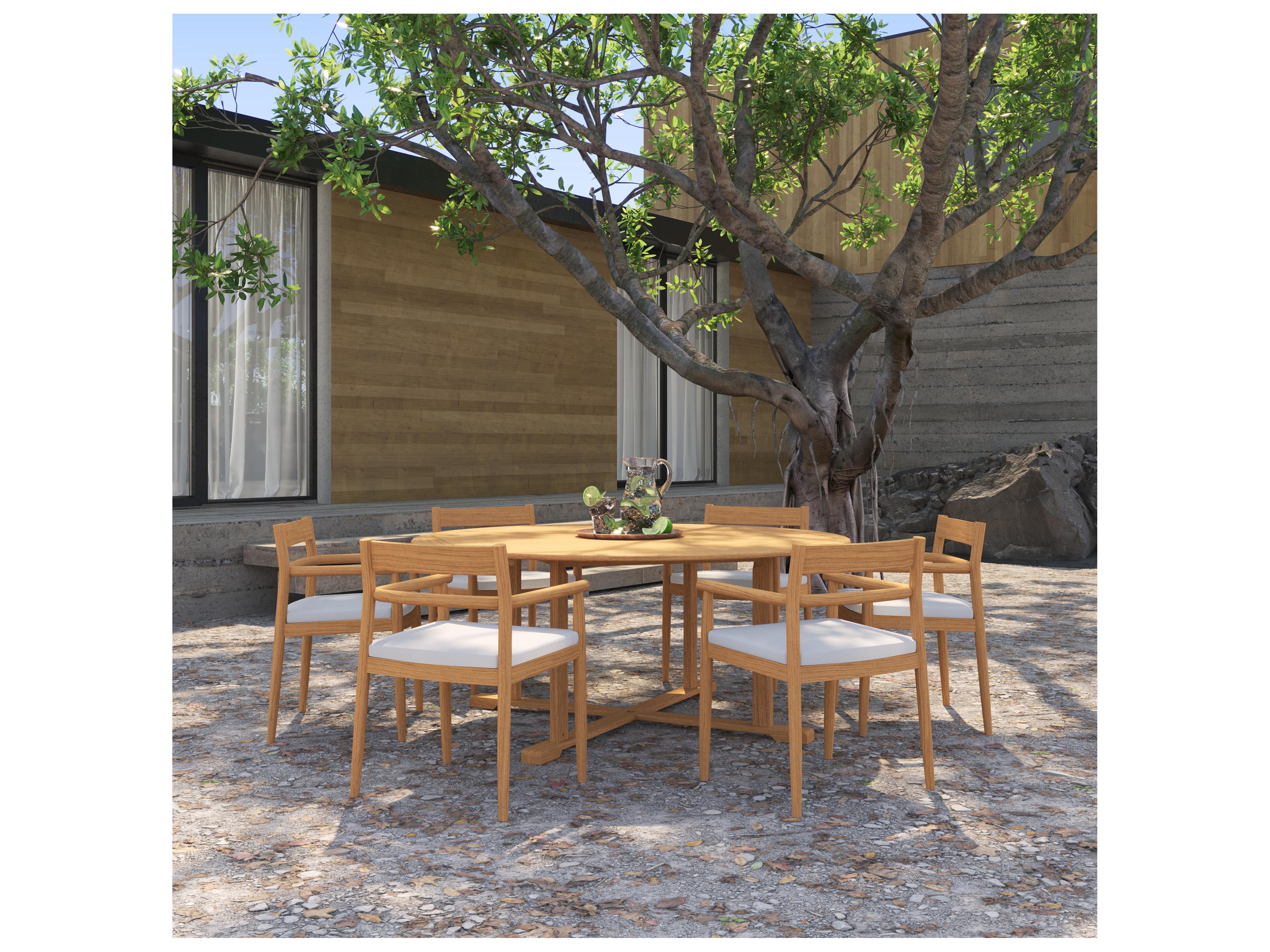 Oxford Garden Lido Teak Natural 7 Piece Outdoor Patio Dining Set with Sunbrella Bliss Linen Cushions