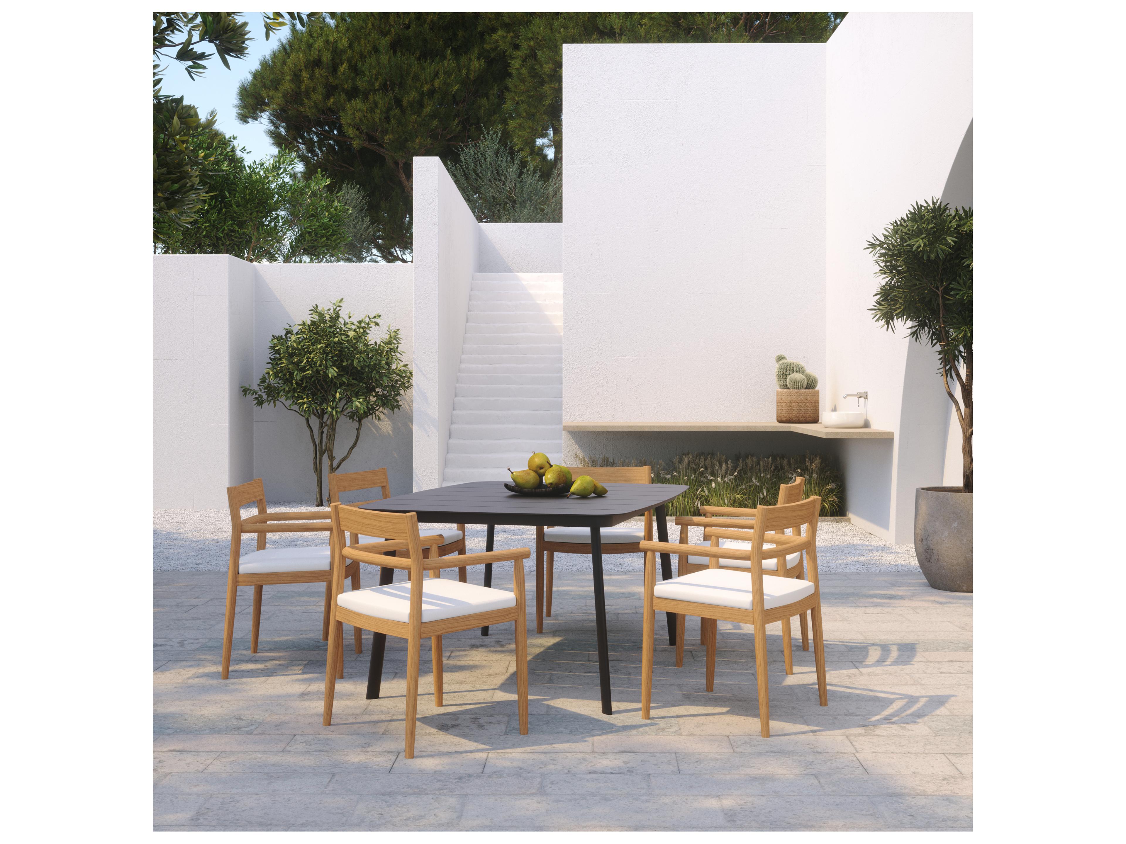 Oxford Garden Lido Teak 7 Piece Patio Dining Set with Sunbrella Bliss Linen Cushions