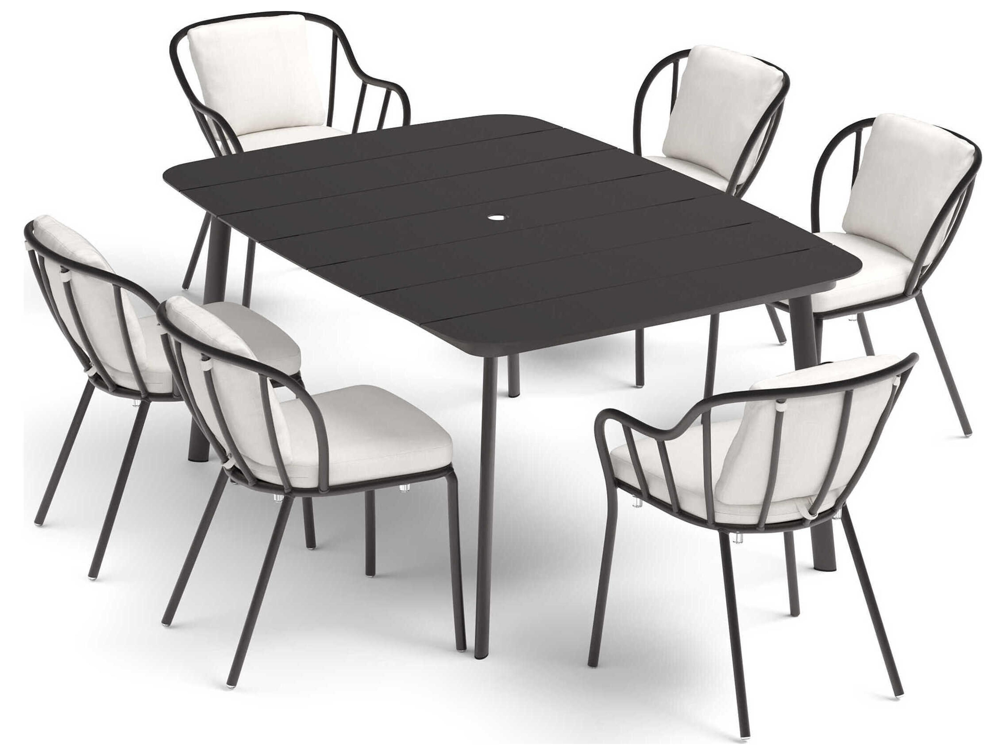 Oxford Garden Eiland Aluminum Carbon 7 Piece 63'' Rectangular Outdoor Patio Dining Set with Bliss Linen Cushion