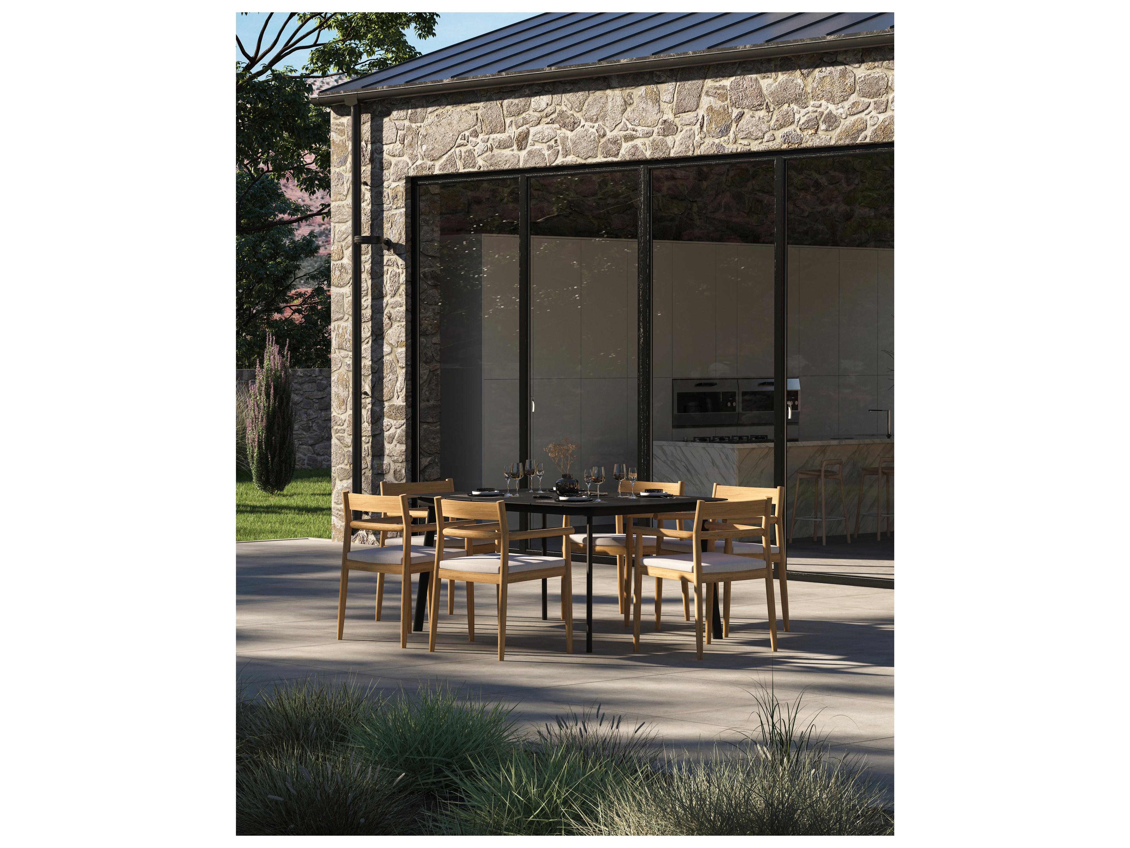 Oxford Garden Lido Teak Natural Patio Dining Arm Chair with Bliss Linen Cushion