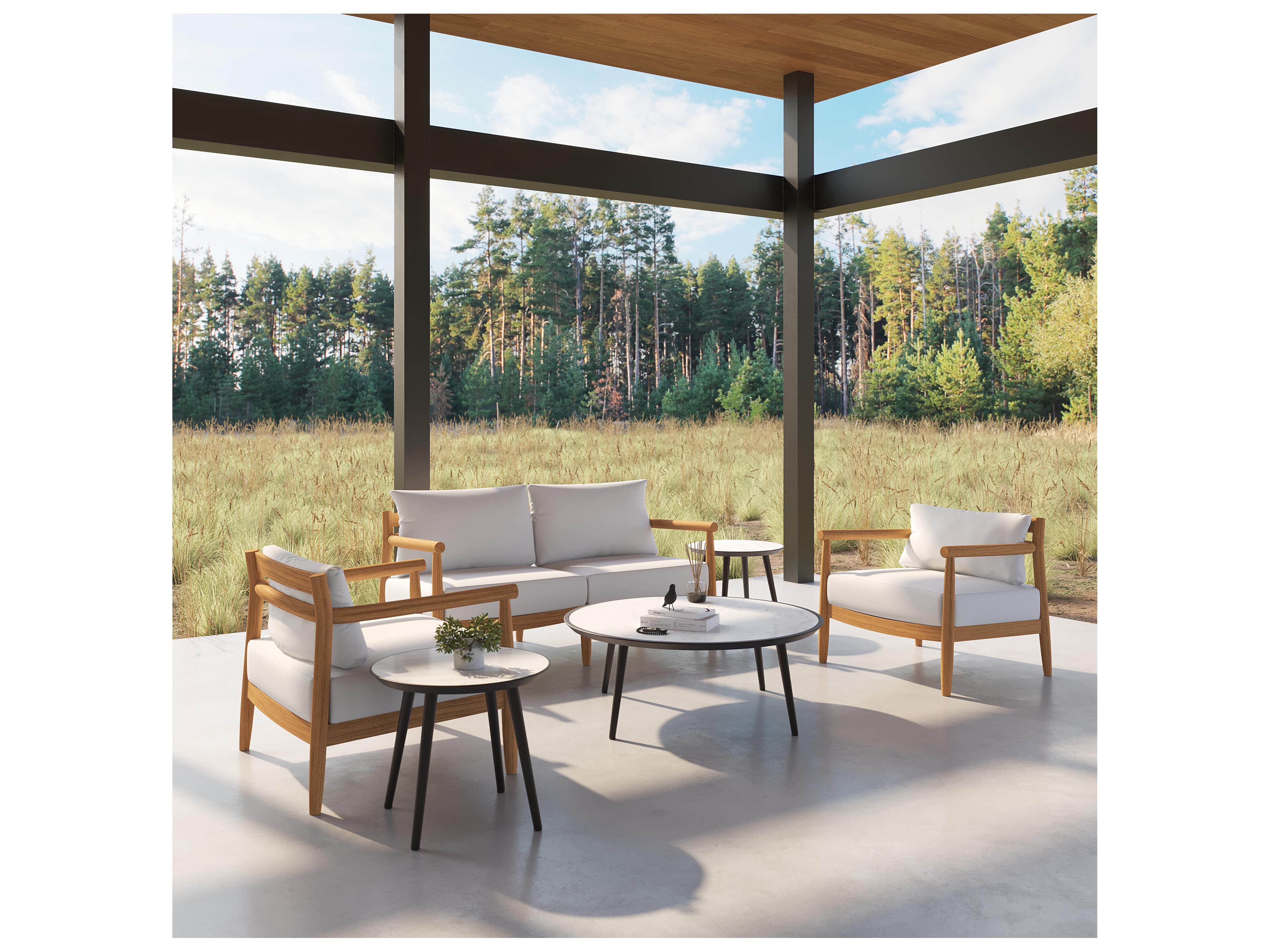 Oxford Garden Lido Teak Natural Outdoor Loveseat with Bliss Linen Cushions