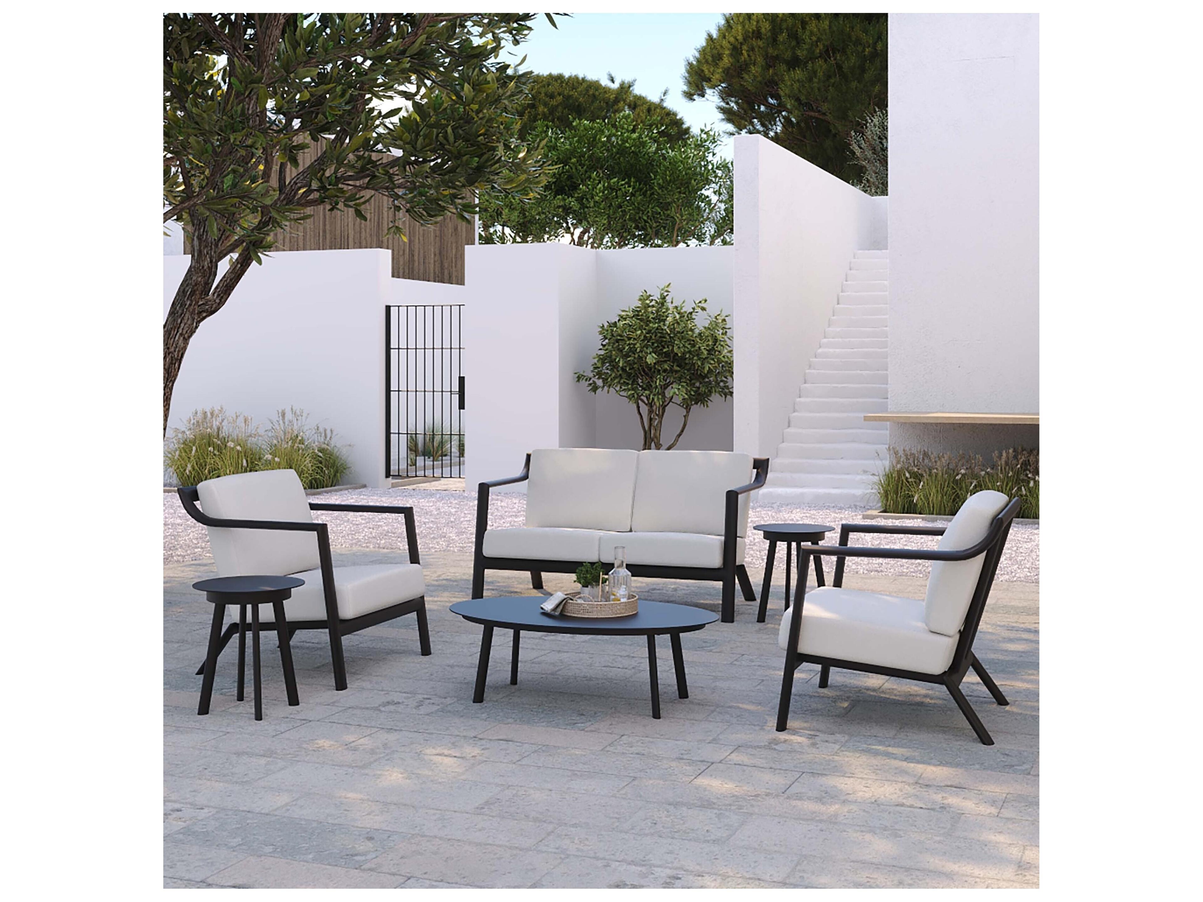 Oxford Garden Markoe Aluminum Carbon Stackable Outdoor Patio Loveseat with Sunbrella Bliss Linen Cushions