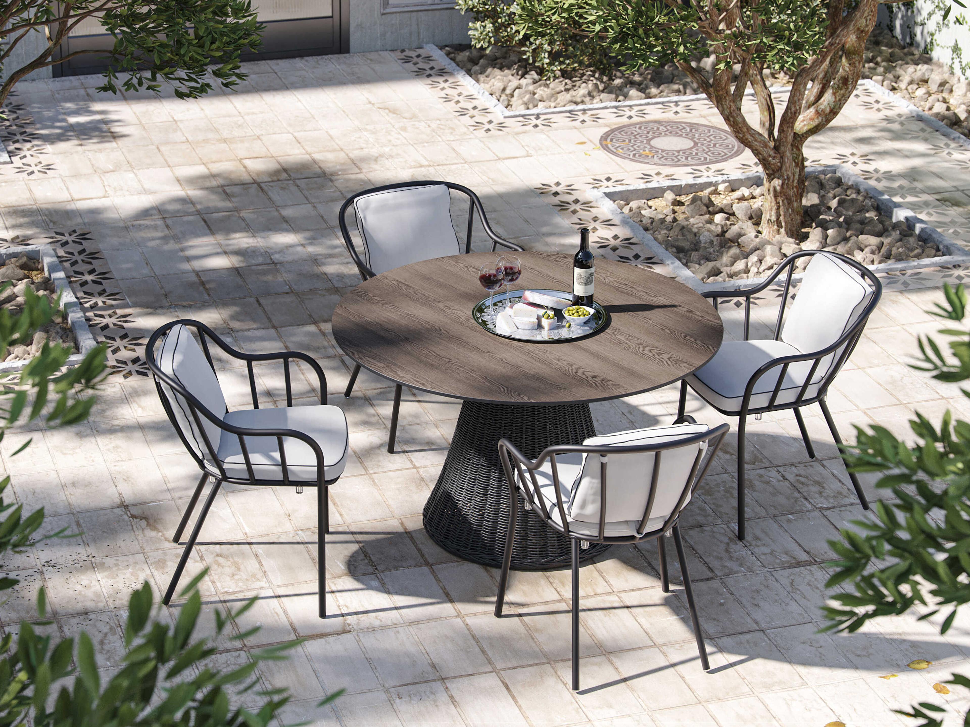 Oxford Garden Malti Aluminum Carbon Stackable Outdoor Patio Dining Arm Chair with Bliss Linen Cushion Set of 2