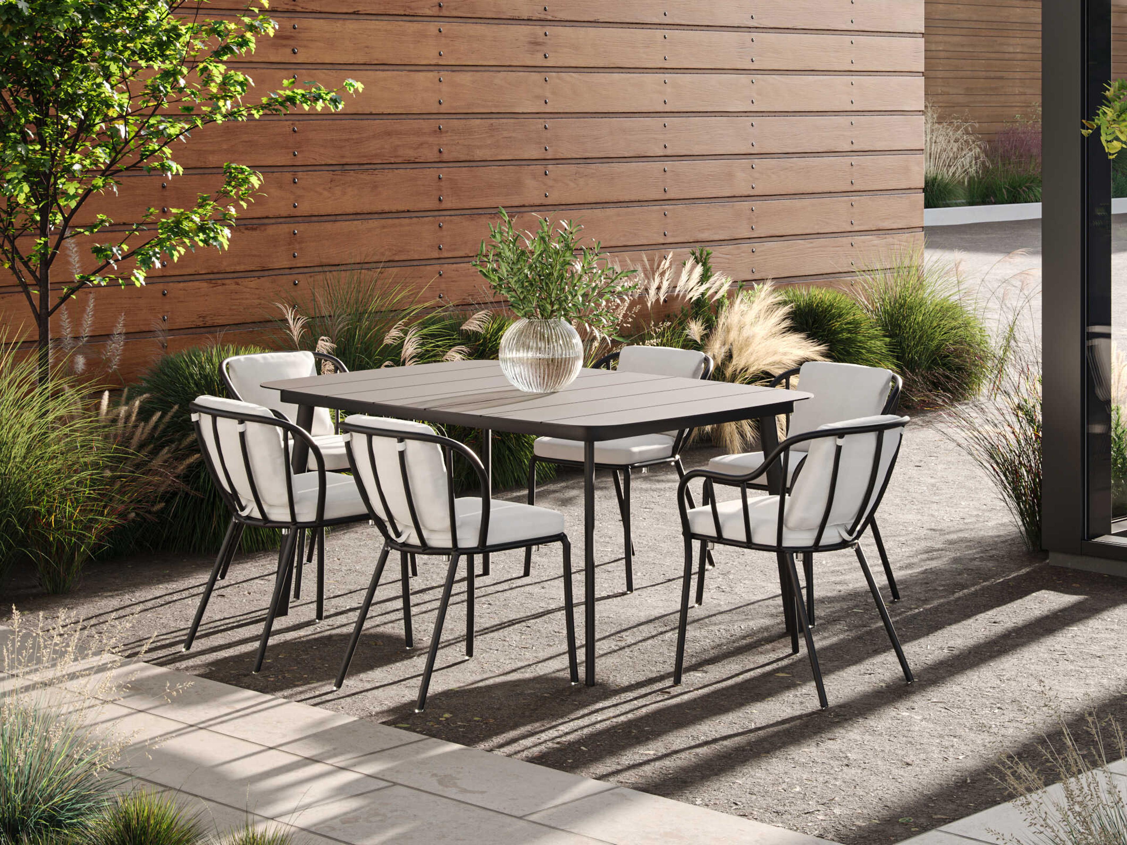 Oxford Garden Malti Aluminum Carbon Stackable Outdoor Patio Dining Arm Chair with Bliss Linen Cushion Set of 2