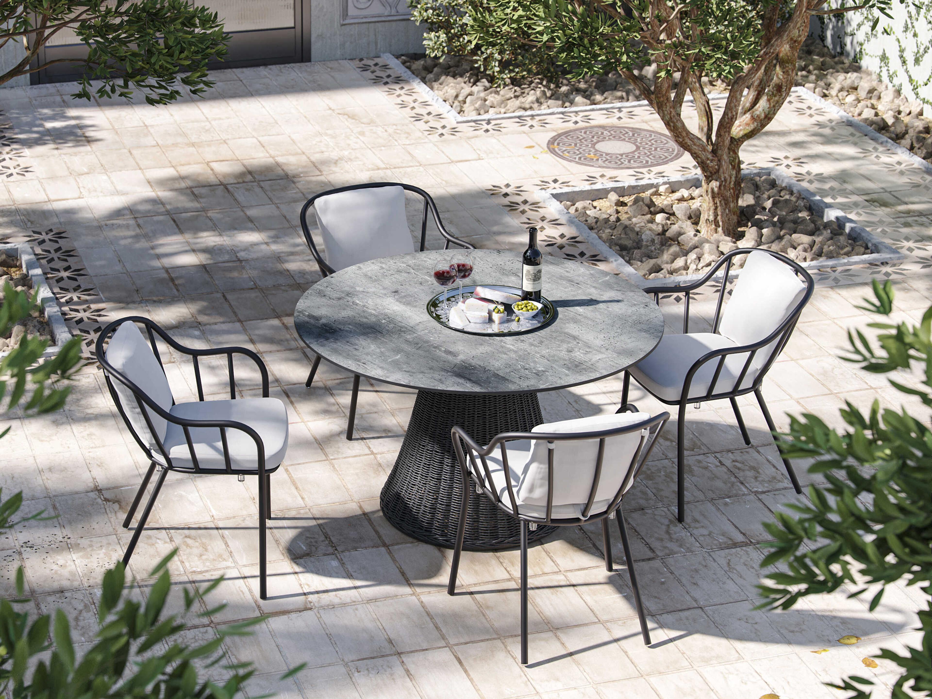 Oxford Garden Malti Aluminum Carbon Stackable Patio Dining Arm Chair with Bliss Linen Cushion Set of 4