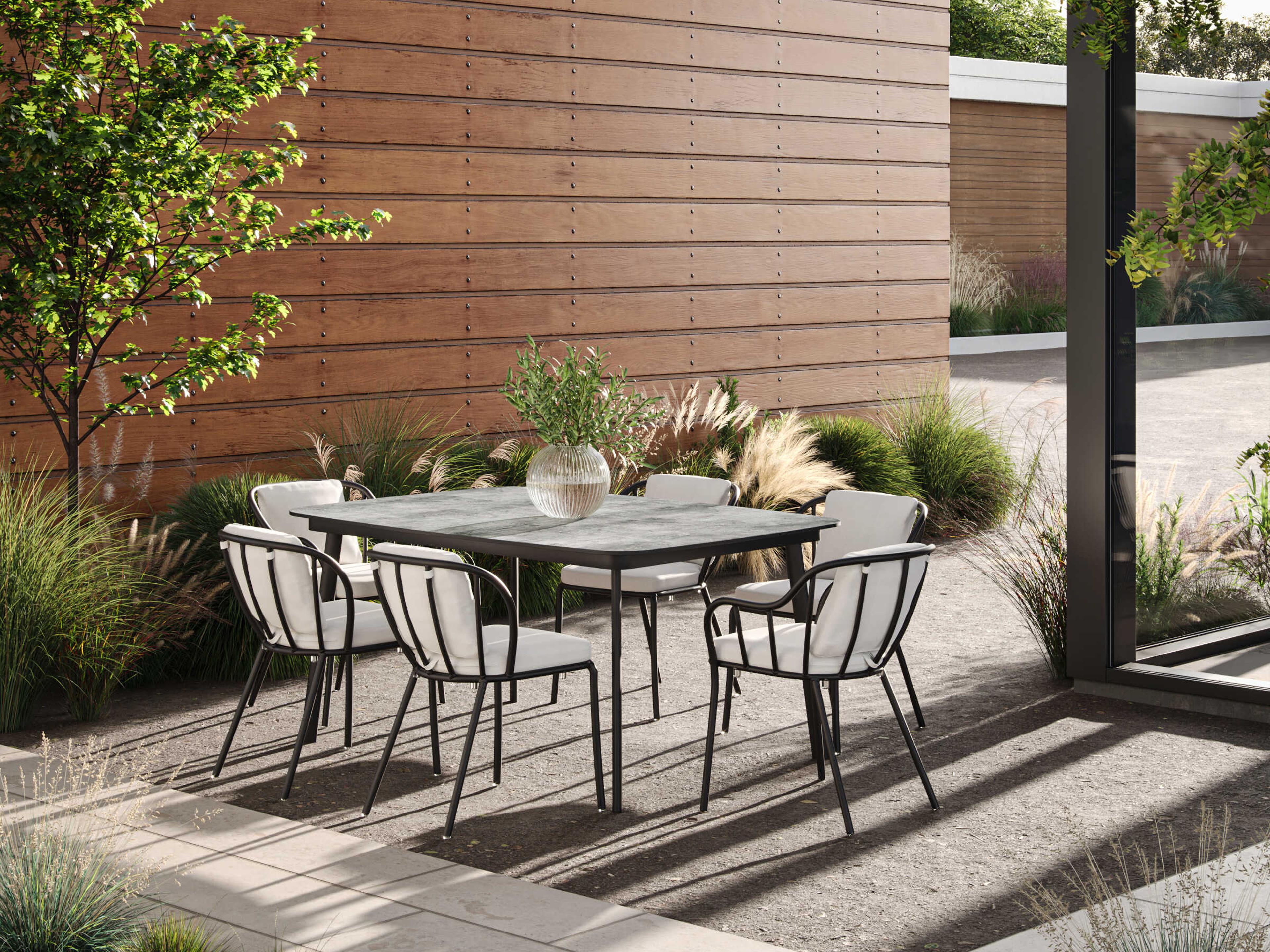 Oxford Garden Malti Aluminum Carbon Stackable Outdoor Patio Dining Side Chair with Bliss Linen Cushion Set of 2