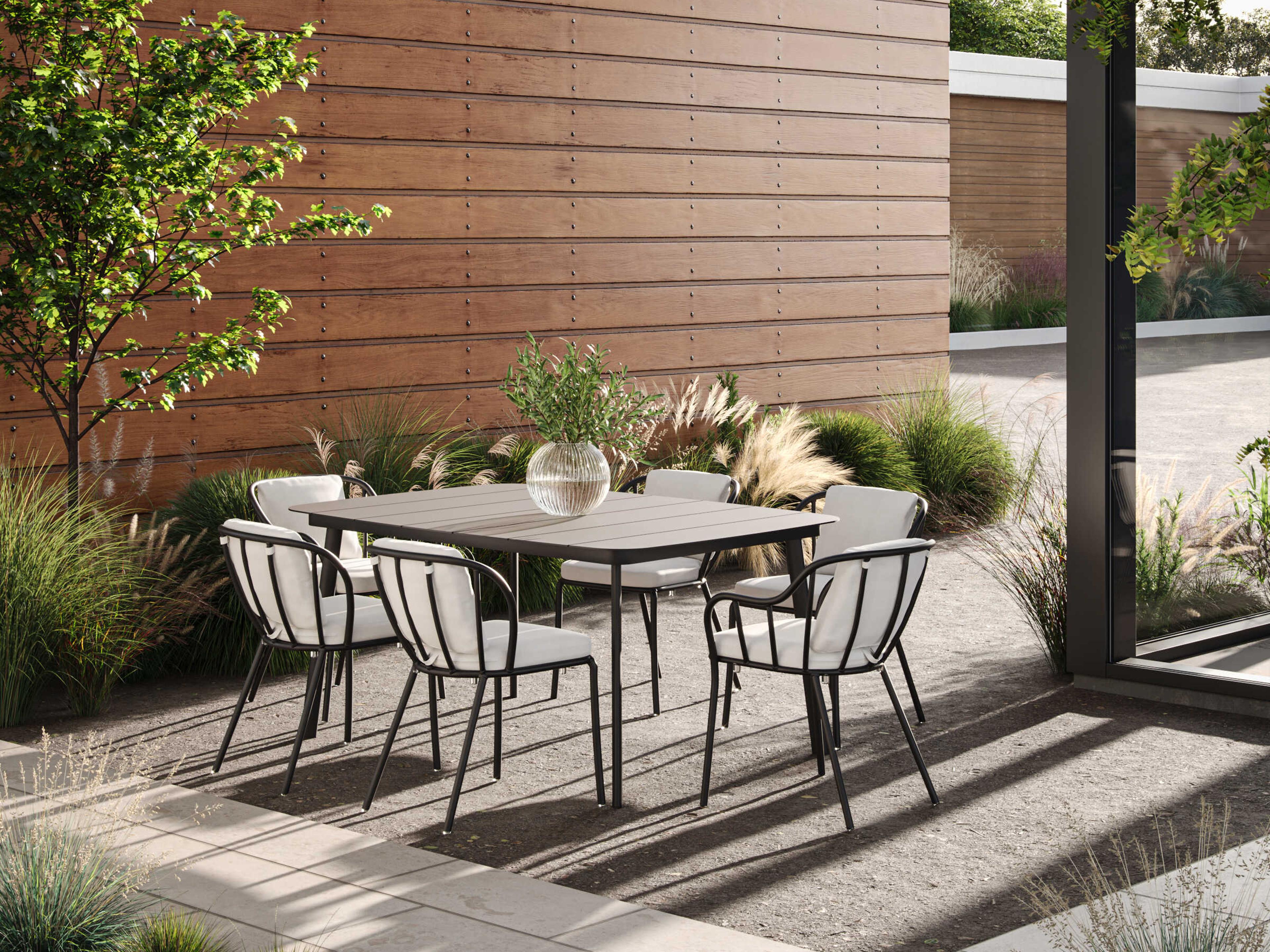 Oxford Garden Malti Aluminum Carbon Stackable Patio Dining Side Chair with Bliss Linen Cushion Set of 4