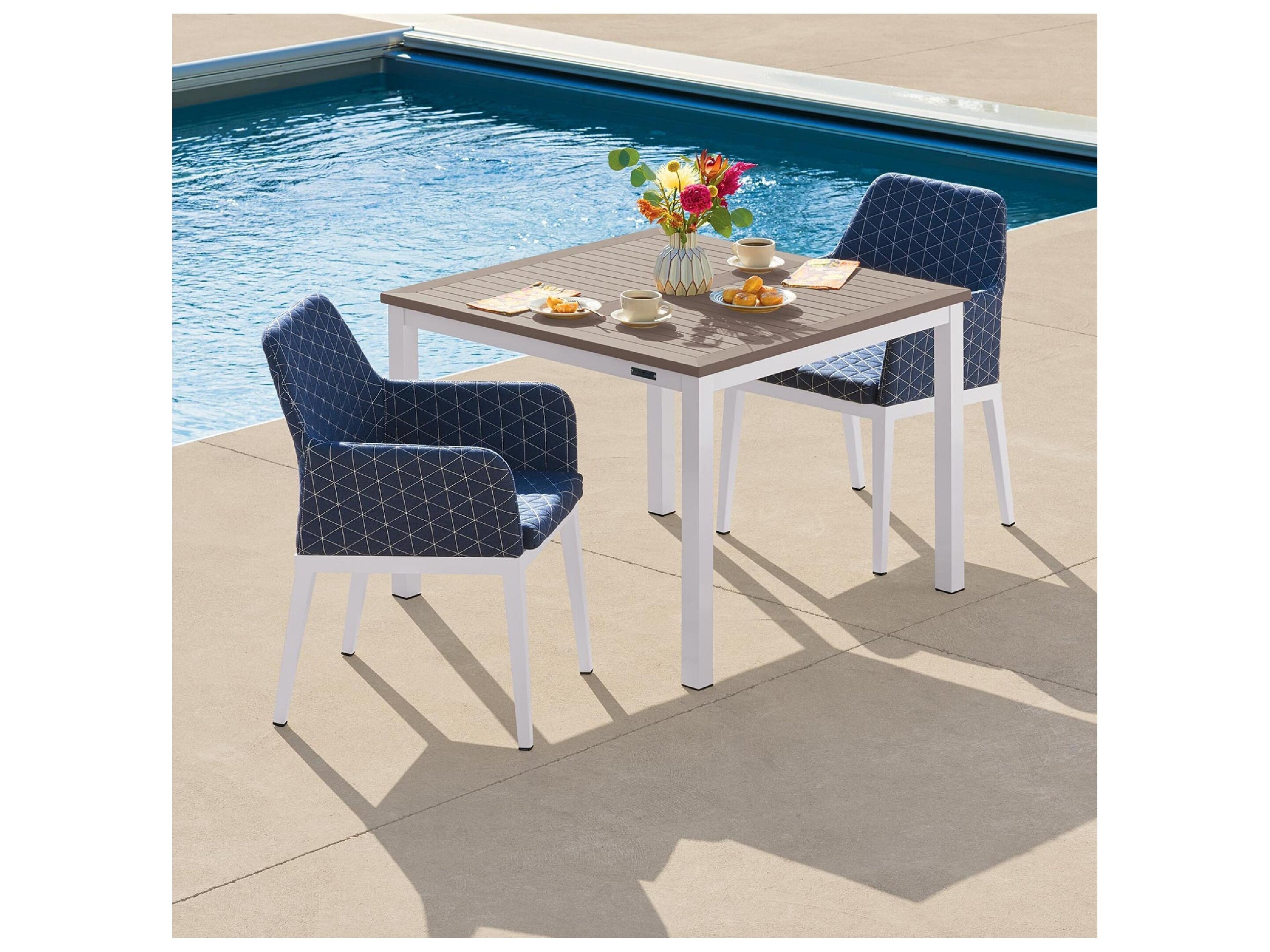 Oxford Garden Oland Aluminum Chalk Outdoor Patio Dining Arm Chair with Spectrum Indigo Cushion