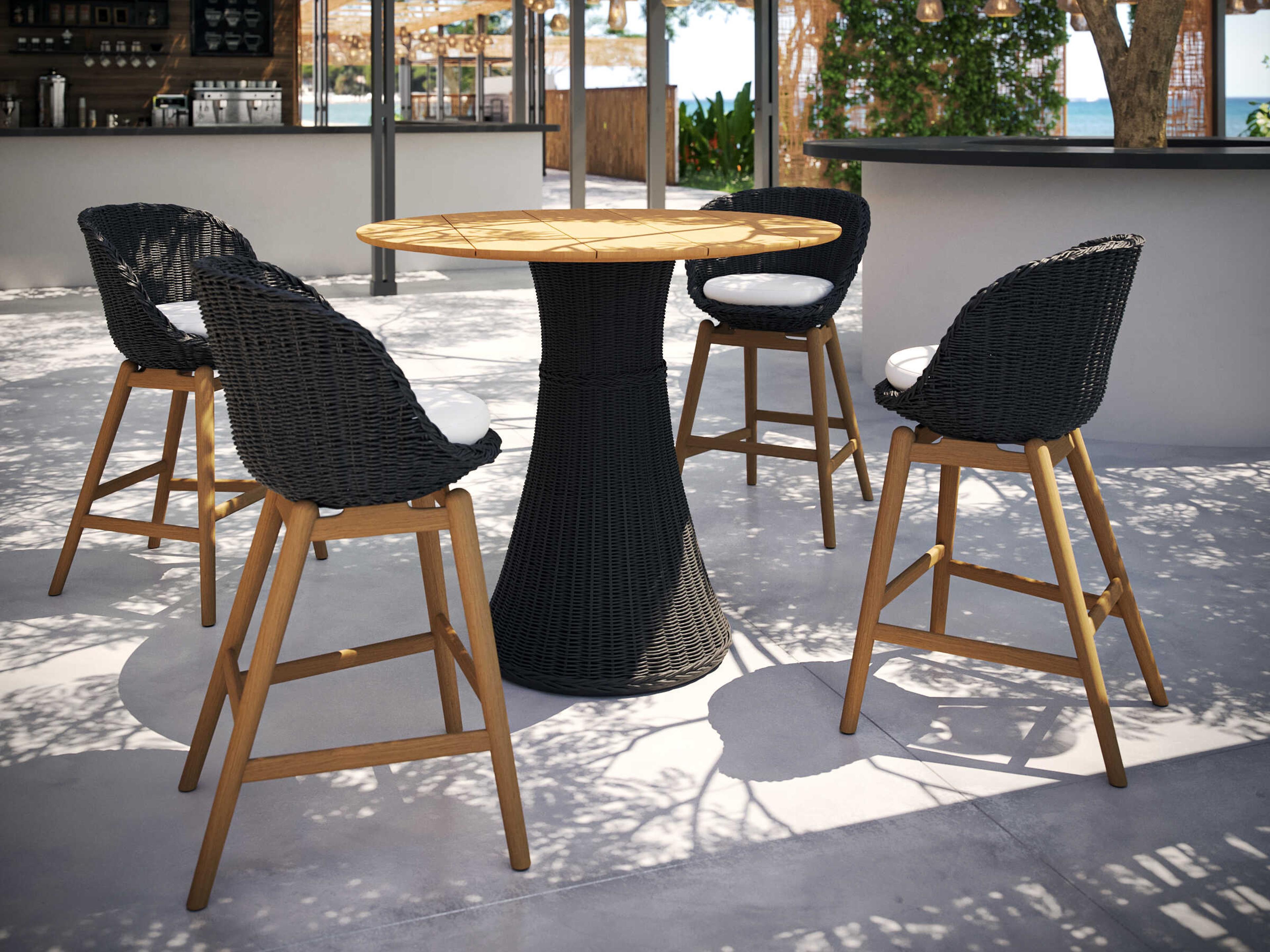 Oxford Garden Tulle Wicker Shadow-Mena Round Teak Top Outdoor Bar Table