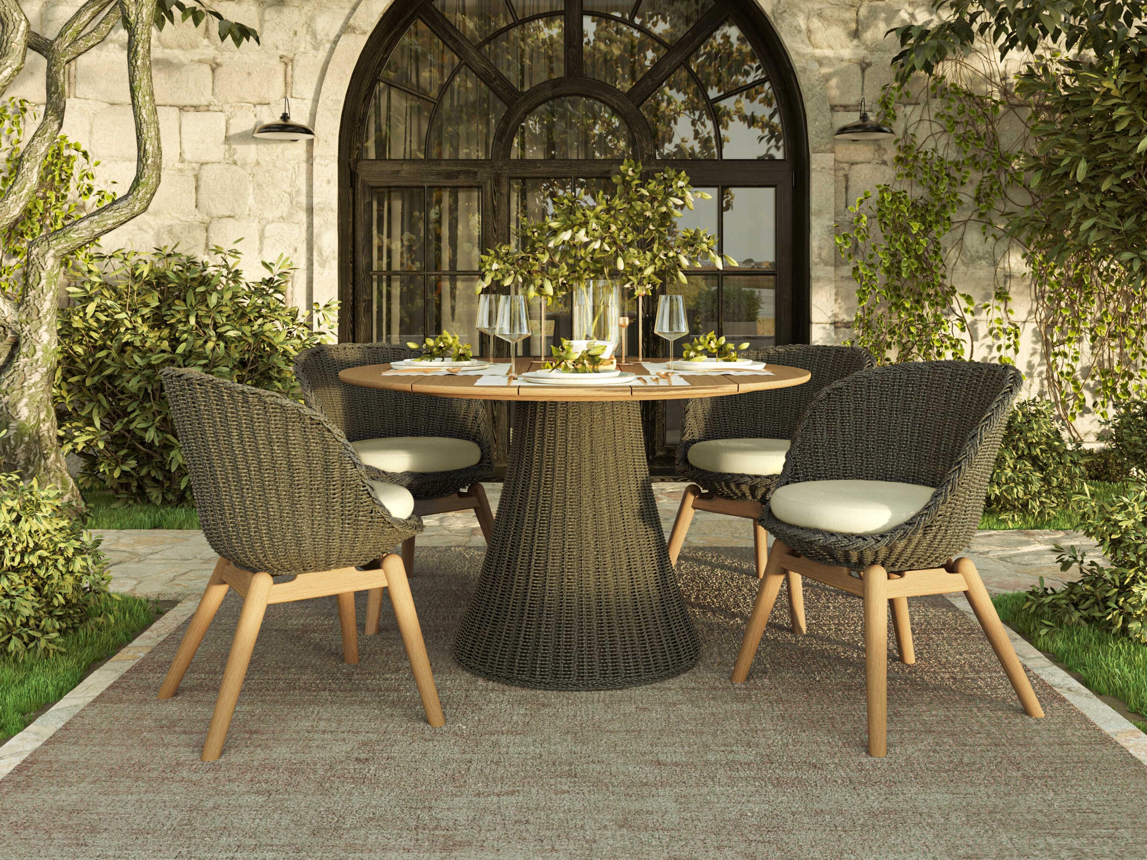 Oxford Garden Tulle Wicker Shadow-Mena Round Teak Top Outdoor Dining Table