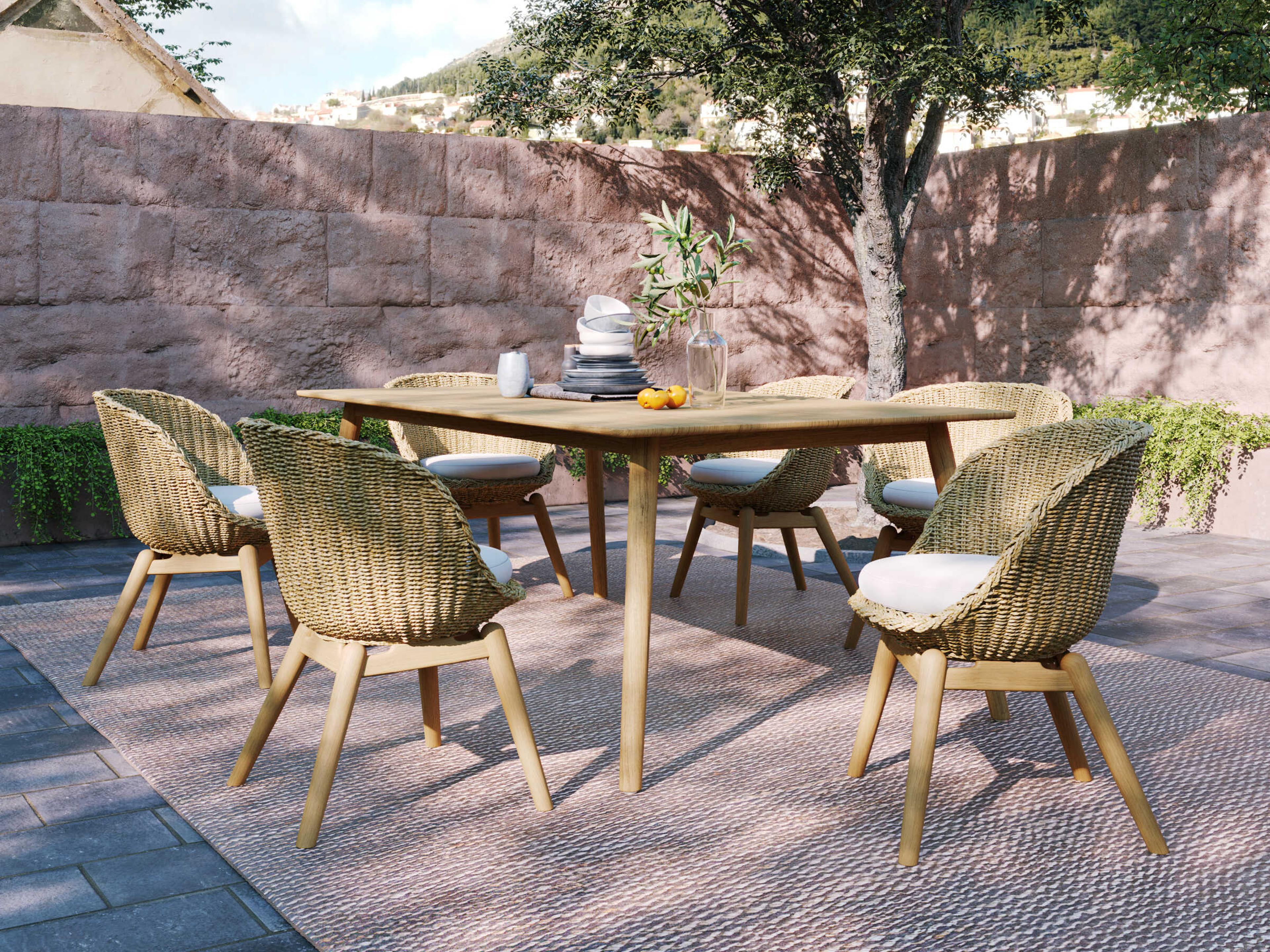 Oxford Garden Tulle Teak Natural Rectangular Patio Dining Table with Umbrella Hole