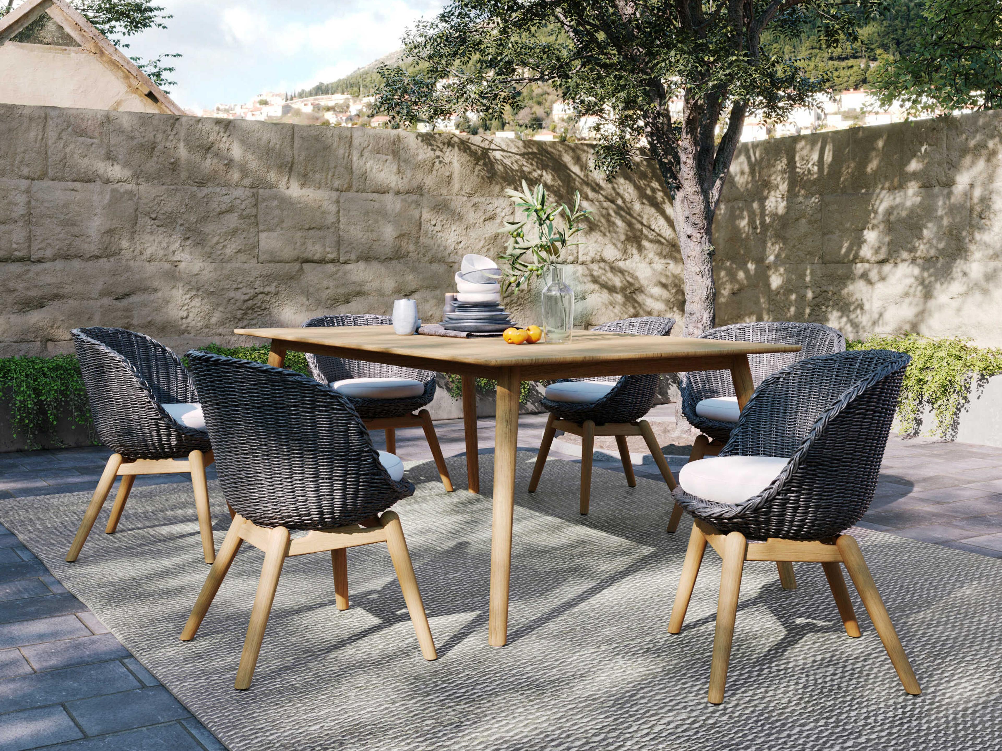 Oxford Garden Tulle Teak Natural Rectangular Patio Dining Table with Umbrella Hole