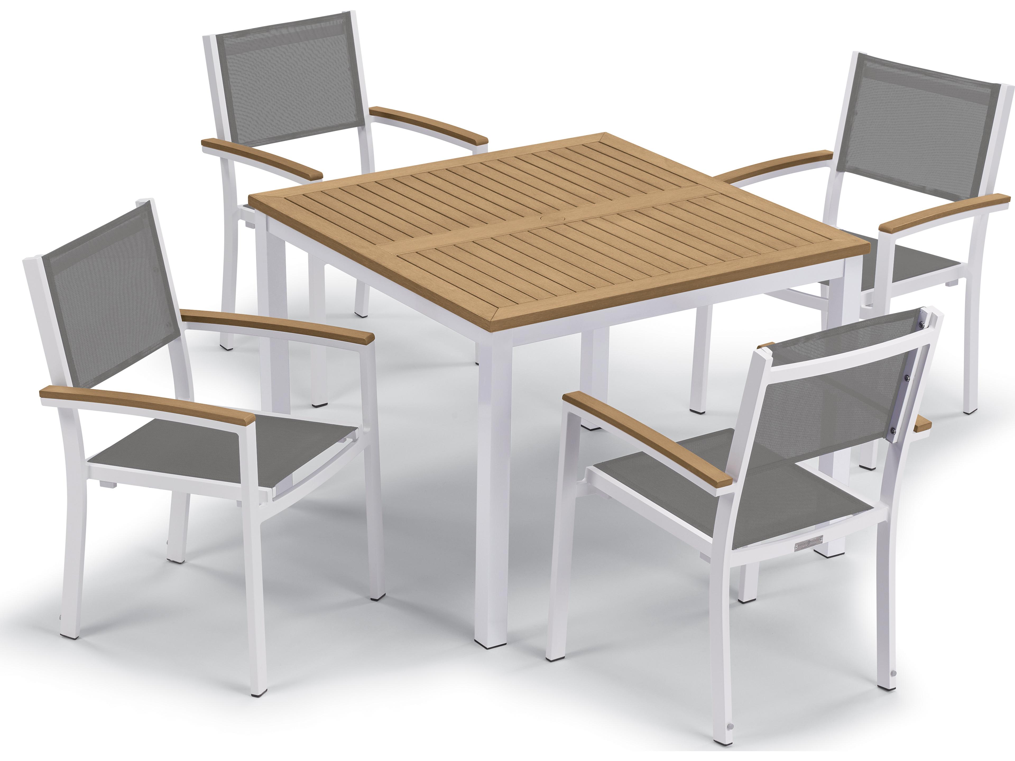 Oxford Garden Travira Aluminum Chalk Square Tekwood Top Outdoor Dining Table with Umbrella Hole