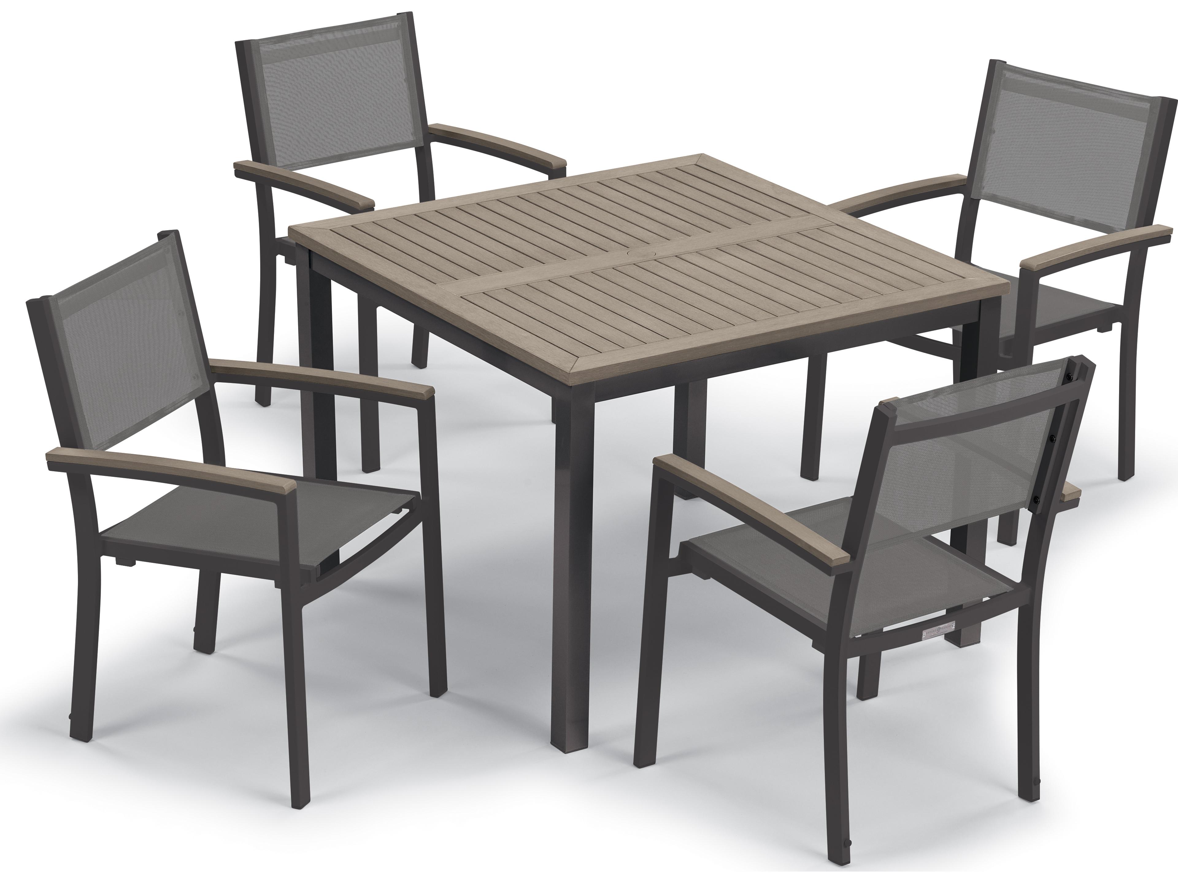 Oxford Garden Travira Aluminum Carbon Square Tekwood Top Patio Dining Table with Umbrella Hole