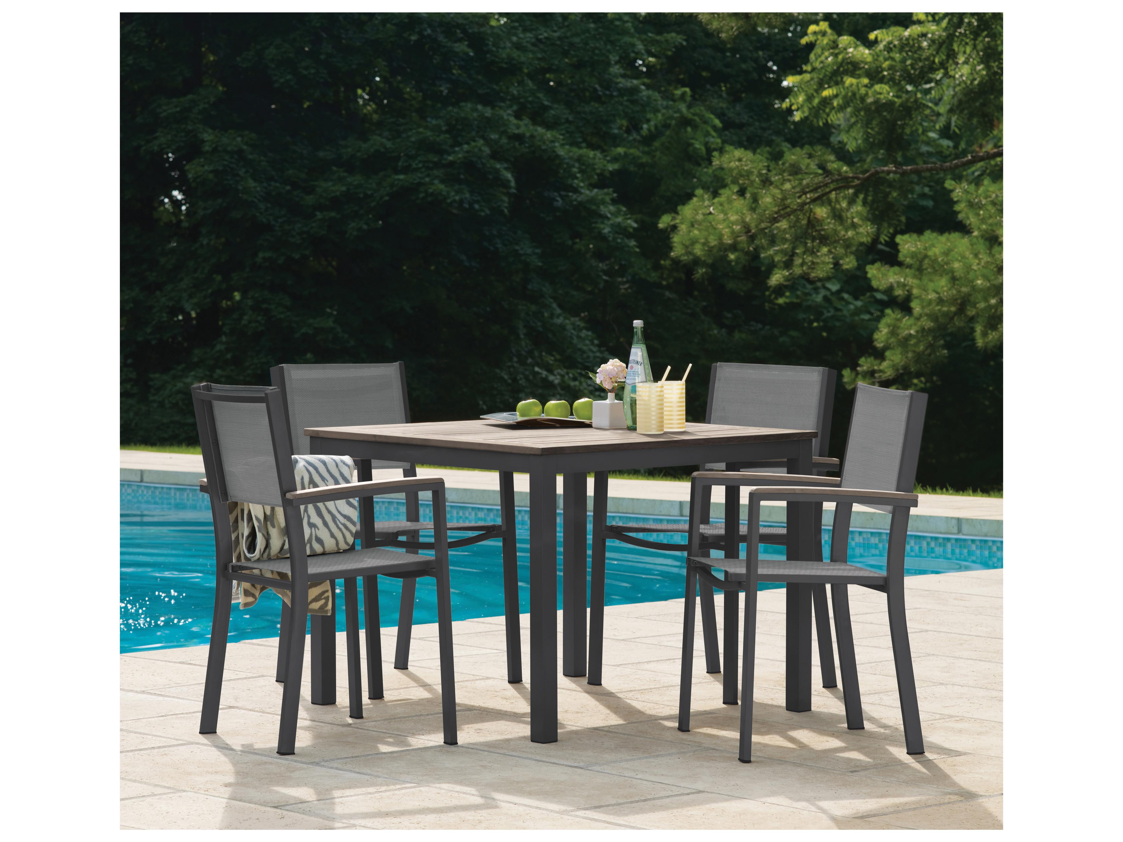 Oxford Garden Travira Aluminum Carbon Square Tekwood Top Patio Dining Table with Umbrella Hole