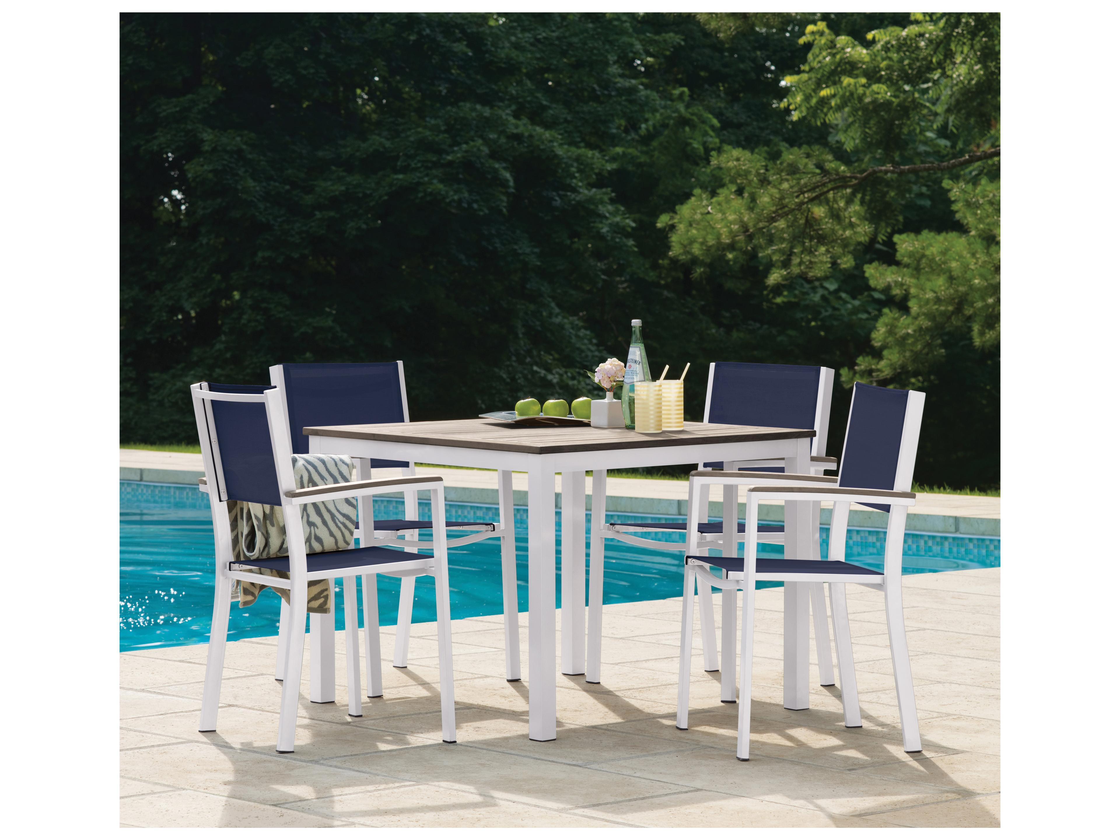 Oxford Garden Travira Aluminum Chalk Square Teakwood Top Outdoor Dining Table with Umbrella Hole Square Outdoor Dining Table