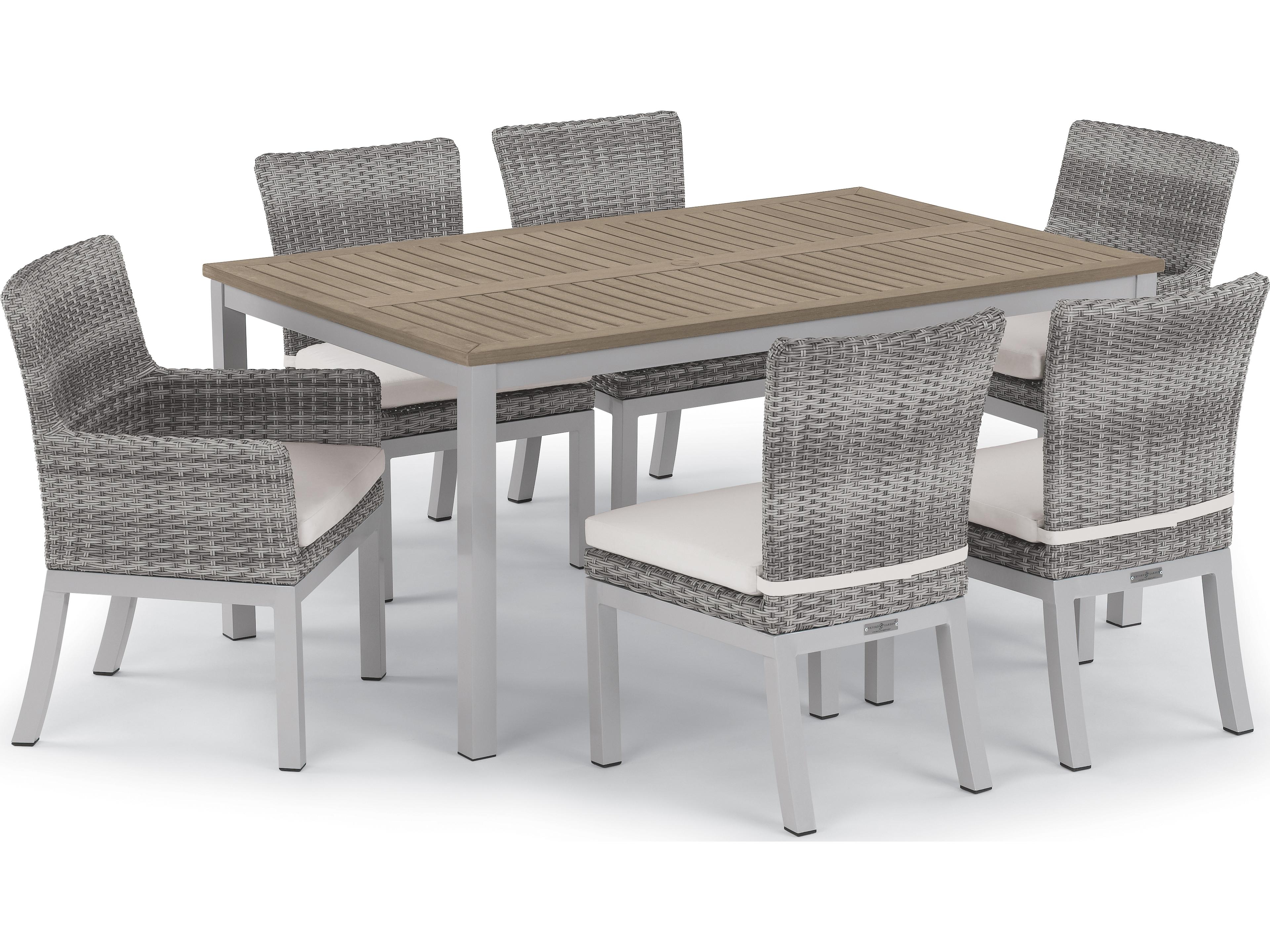 Oxford Garden Travira Aluminum Flint Rectangular Tekwood Top Patio Dining Table with Umbrella Hole