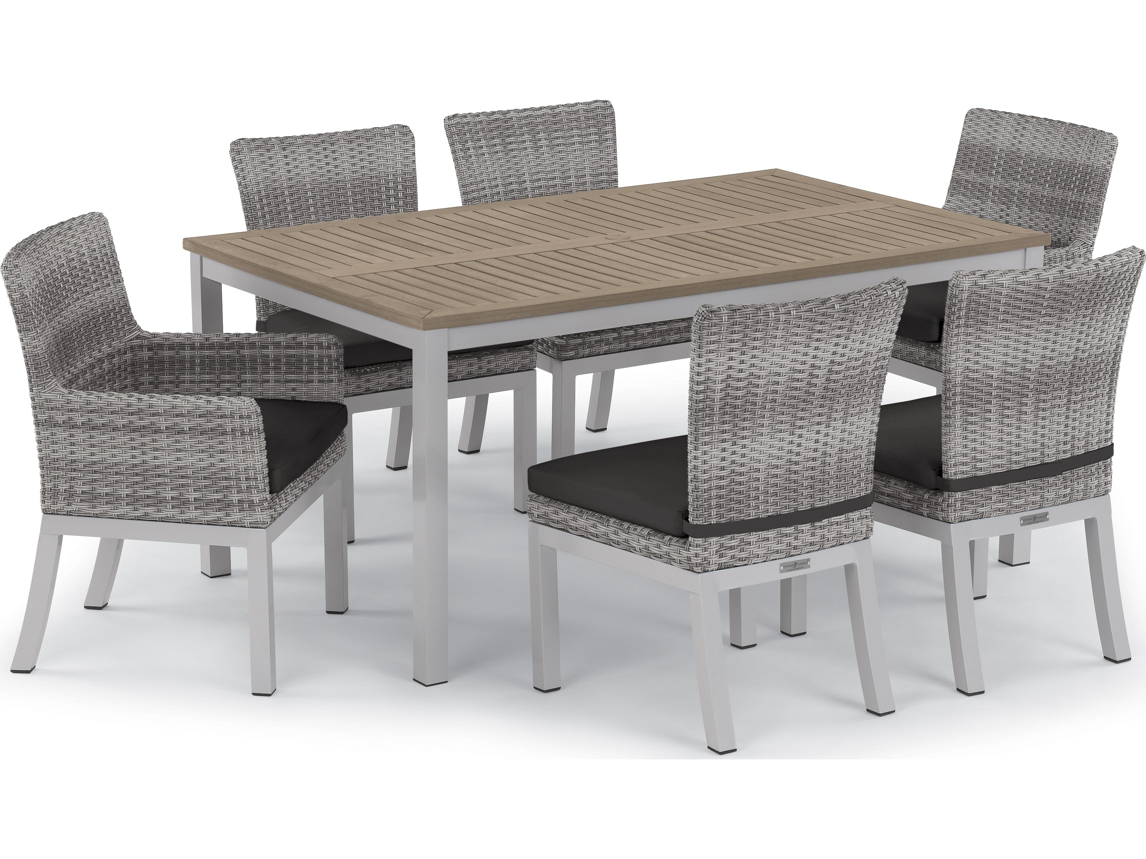 Oxford Garden Travira Aluminum Flint Rectangular Tekwood Top Patio Dining Table with Umbrella Hole