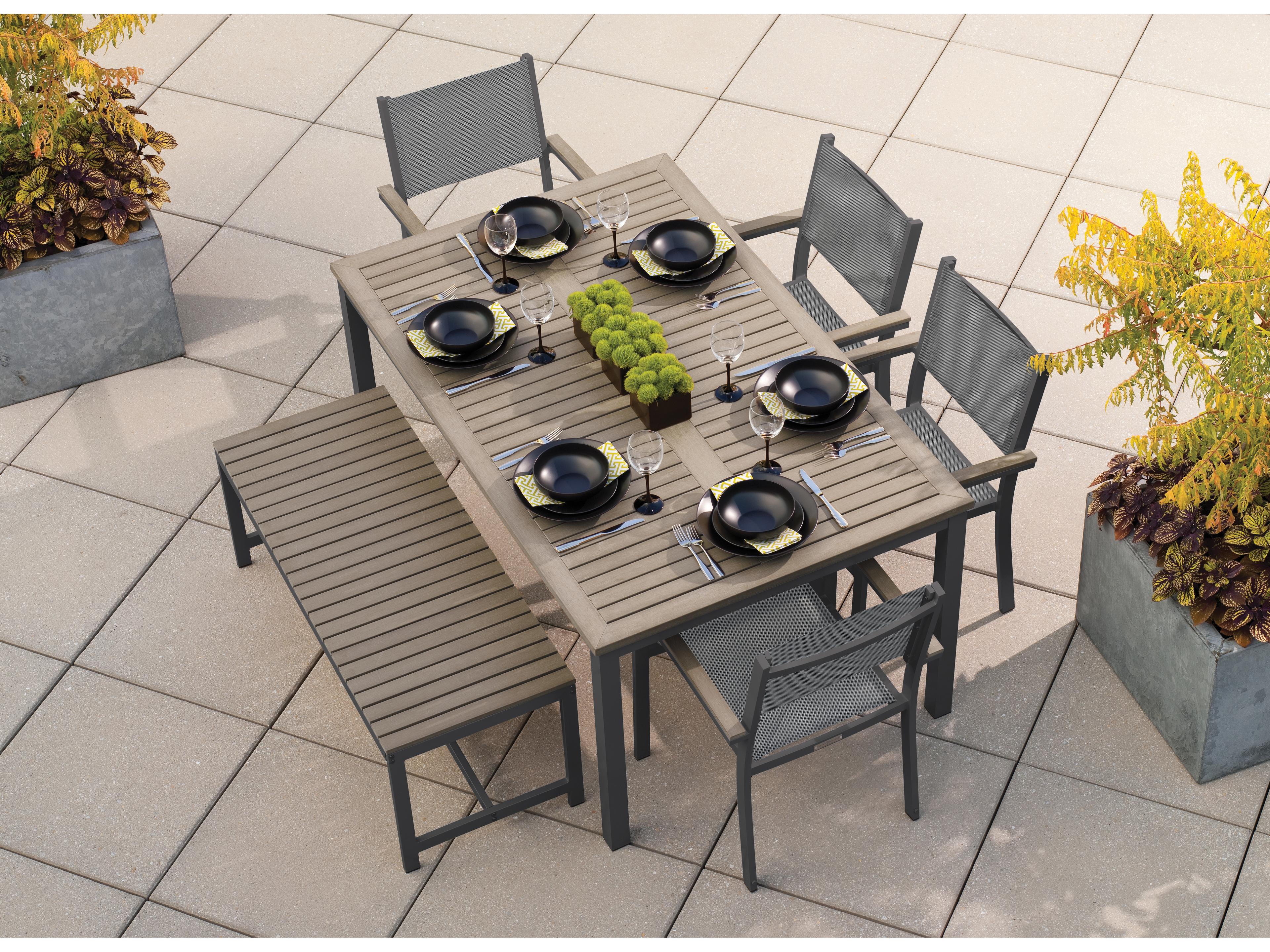 Oxford Garden Travira Aluminum Carbon Rectangular Tekwood Top Outdoor Dining Table with Umbrella Hole