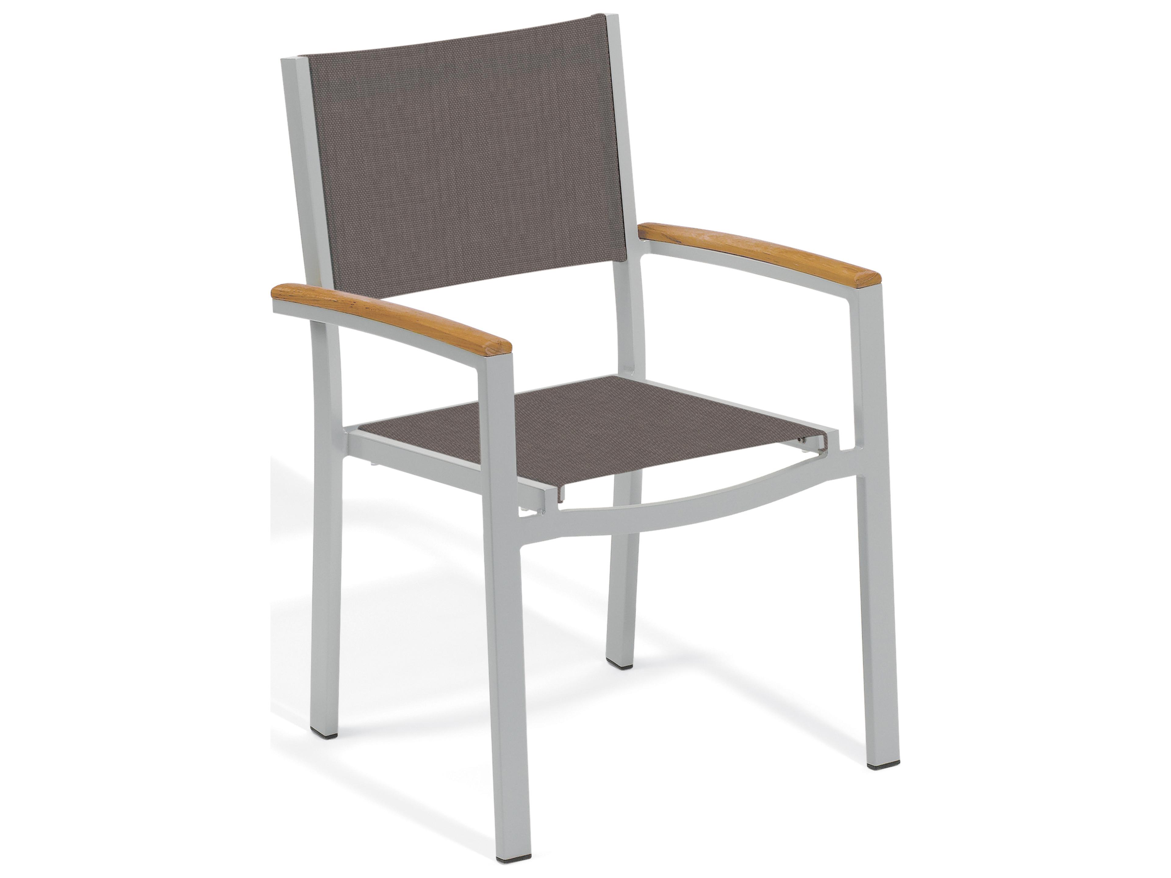 Oxford Garden Travira Aluminum Flint Stackable Outdoor Patio Dining Arm Chair with Cocoa Sling Set of 2