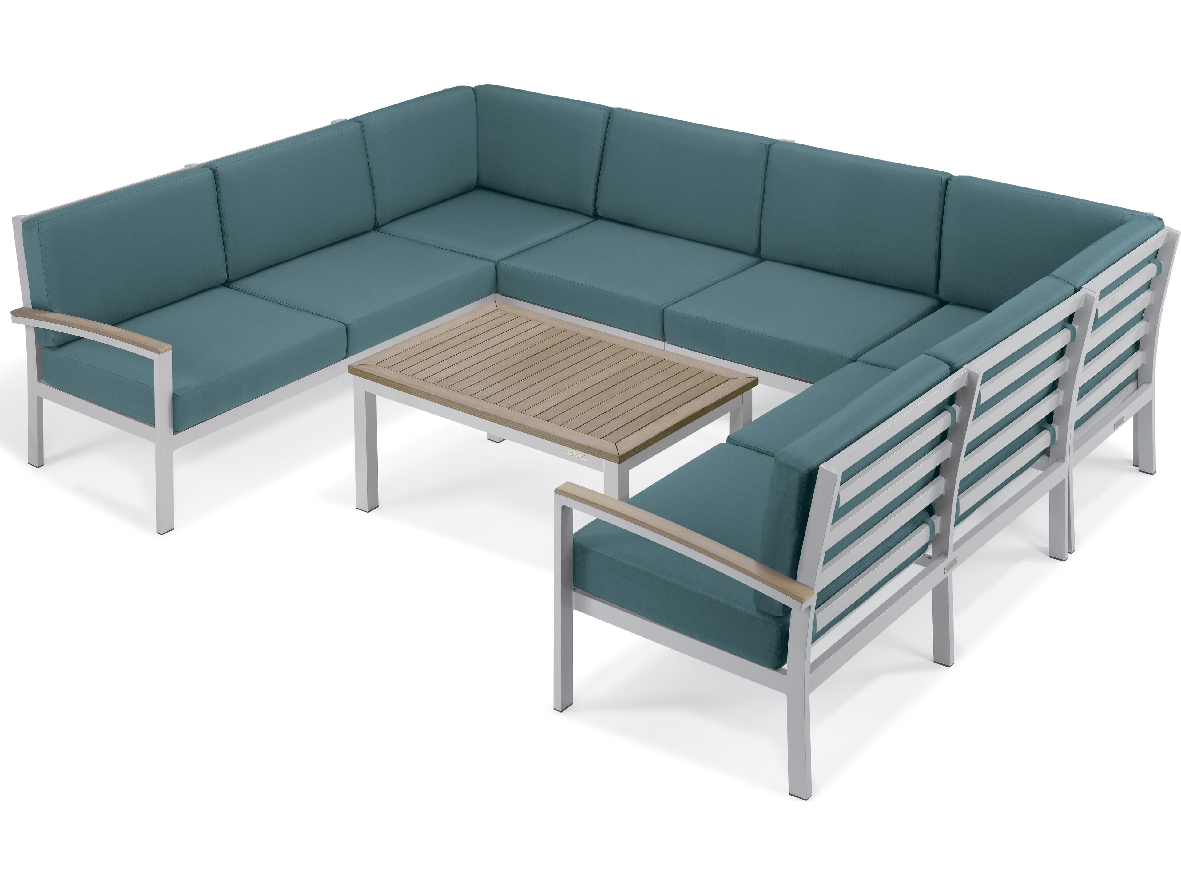 Oxford Garden Travira Aluminum Flint Left Arm Outdoor Loveseat with Ice Blue Cushions