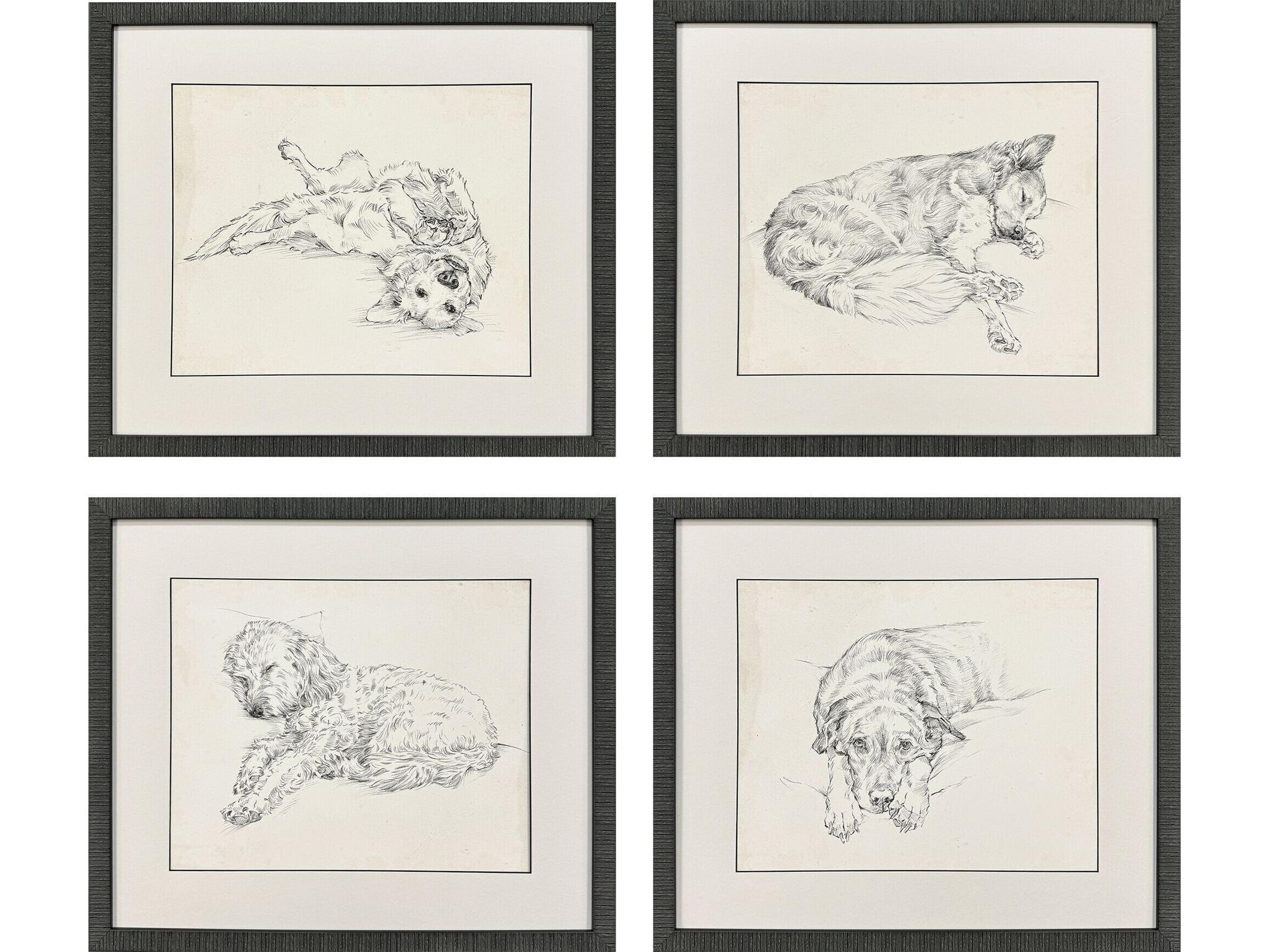 Antique Dog Sketch Framed Art - Set of 4