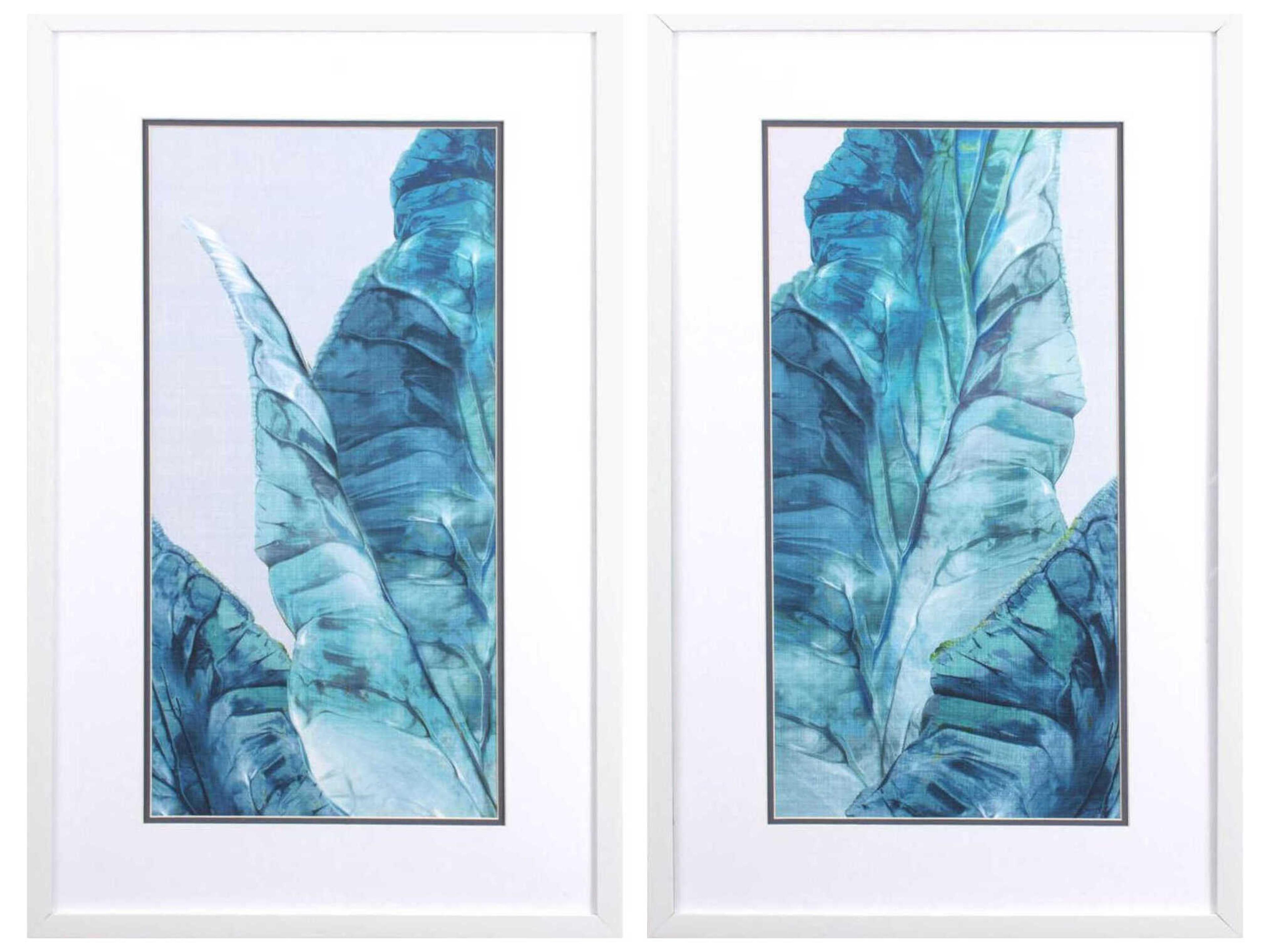 Waterside Tropical Leaves Blue Wall Art Set of 2