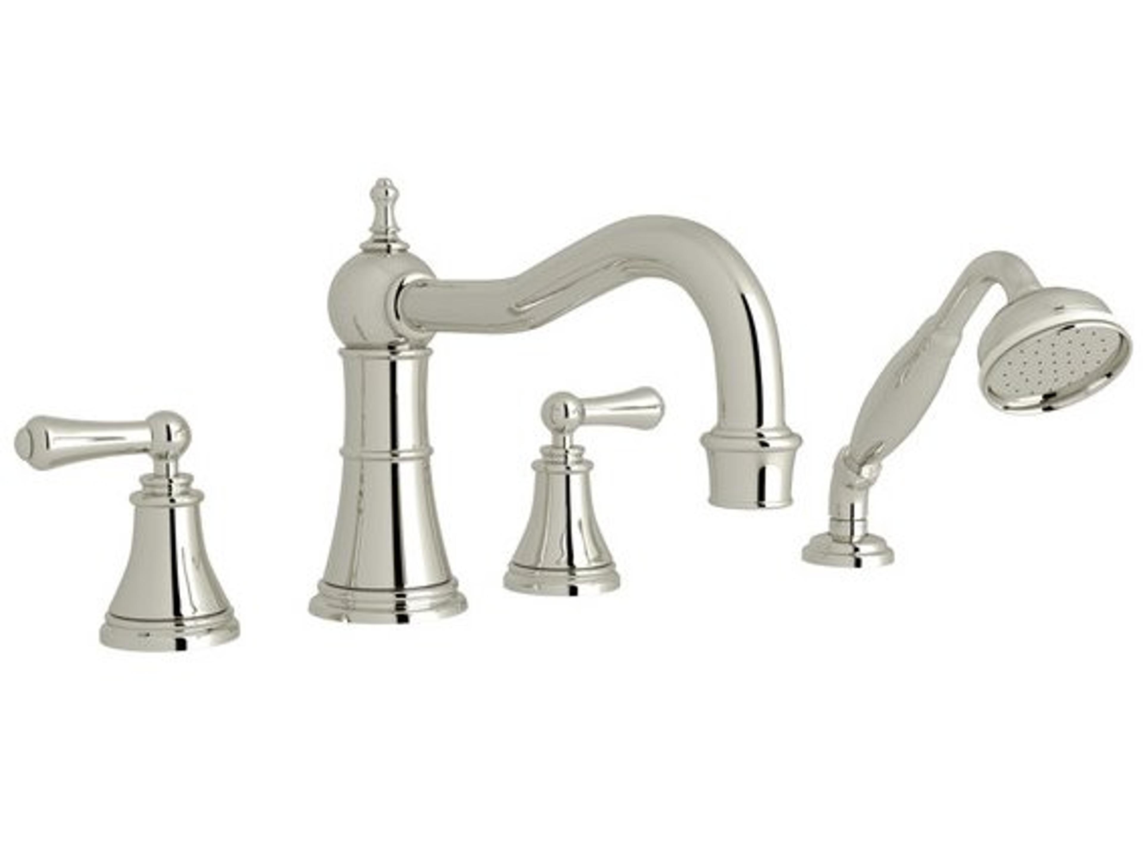 Georgian Era Polished Nickel Four Hole Deck Mounted Column Spout Tub Filler with Hand Shower and Metal Lever Handles