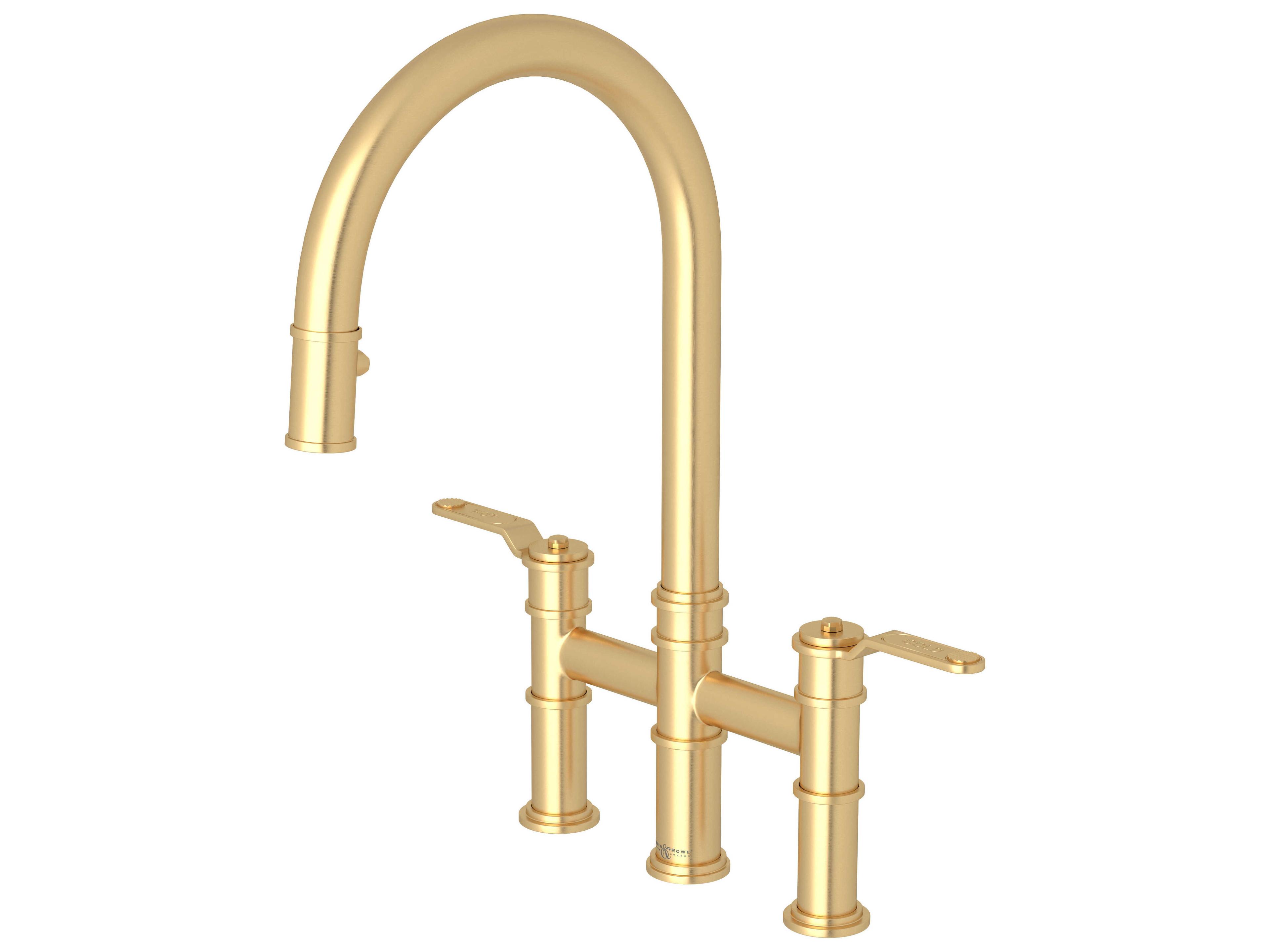 Armstrong Satin English Gold Pull-Down Bridge Kitchen Faucet with C-Spout