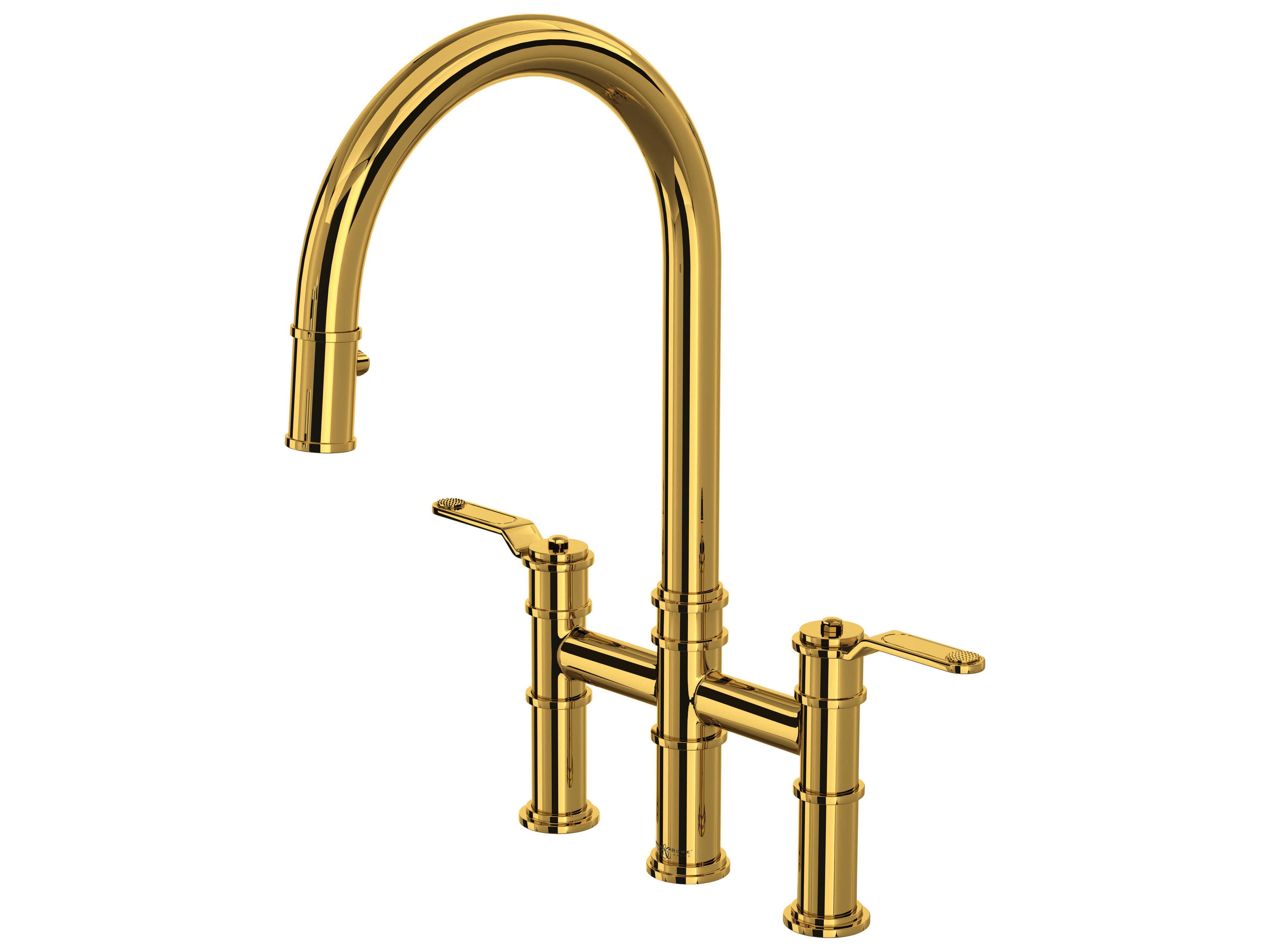 Armstrong Unlacquered Brass Pull-Down Bridge Kitchen Faucet with C-Spout