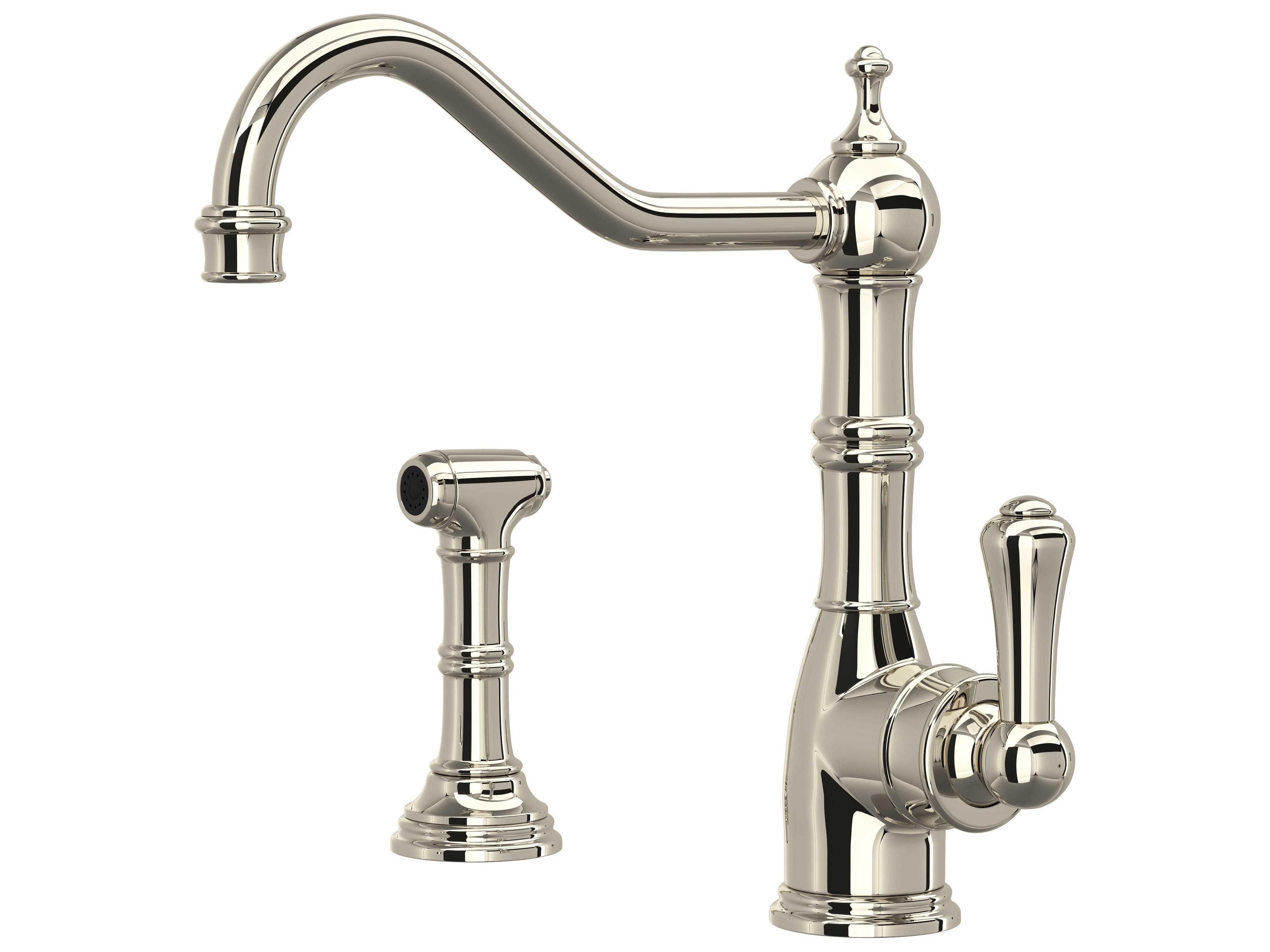 Edwardian Polished Nickel Single Handle Kitchen Faucet with Sidespray with Lever Handle