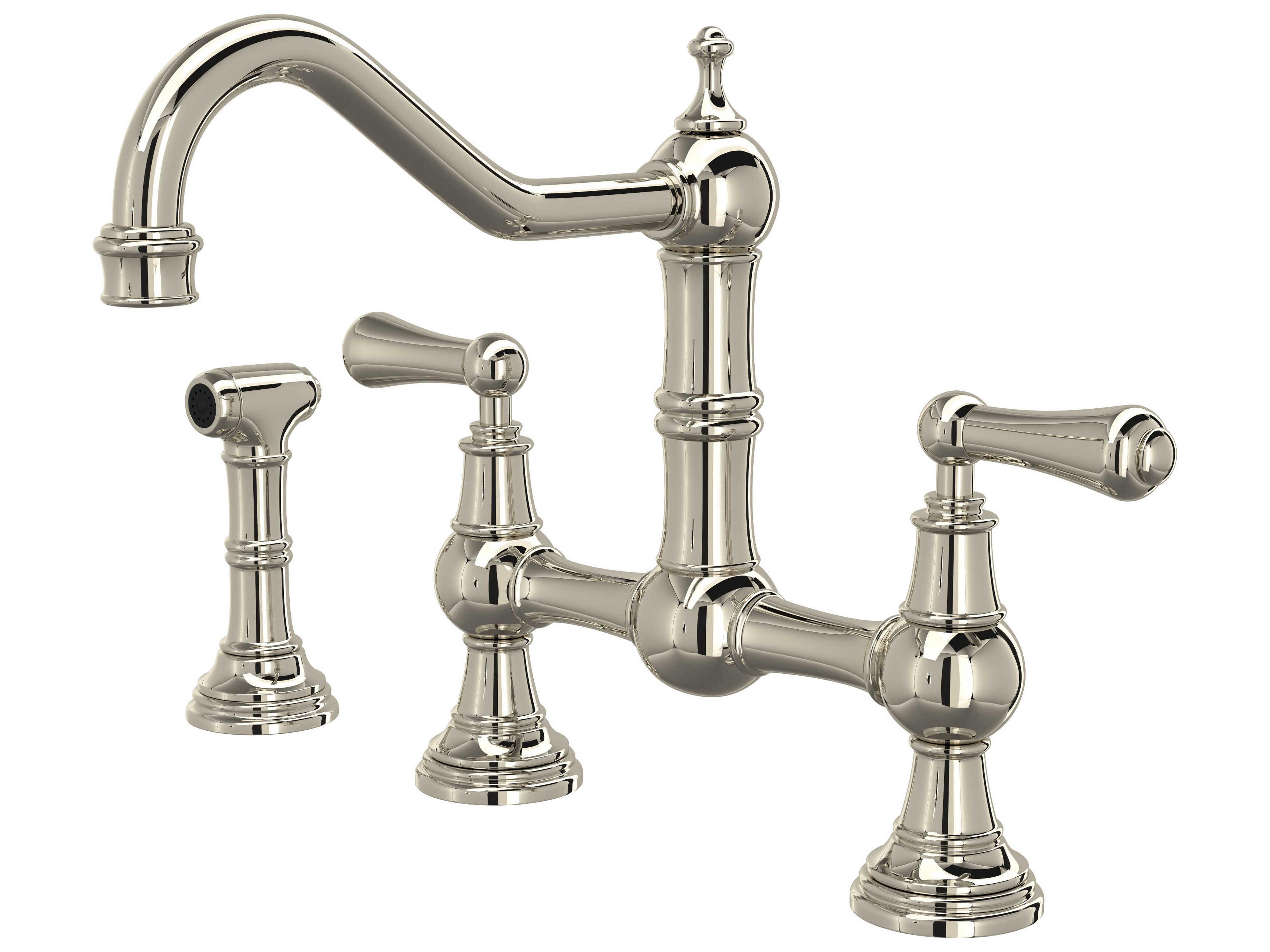 Edwardian Polished Nickel Bridge Kitchen Faucet with Sidespray with Lever Handles