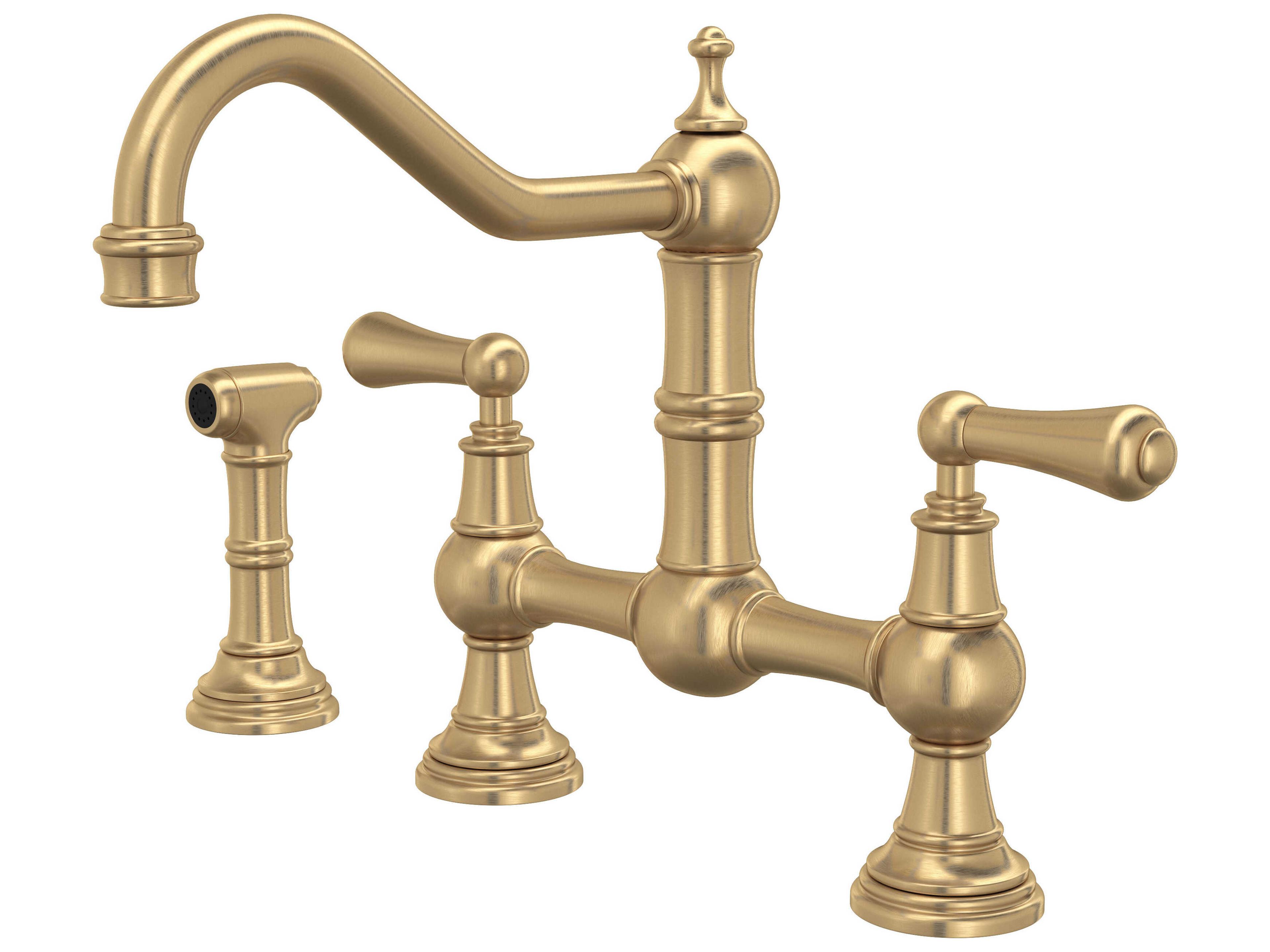 Edwardian Satin English Gold Bridge Kitchen Faucet with Side Spray