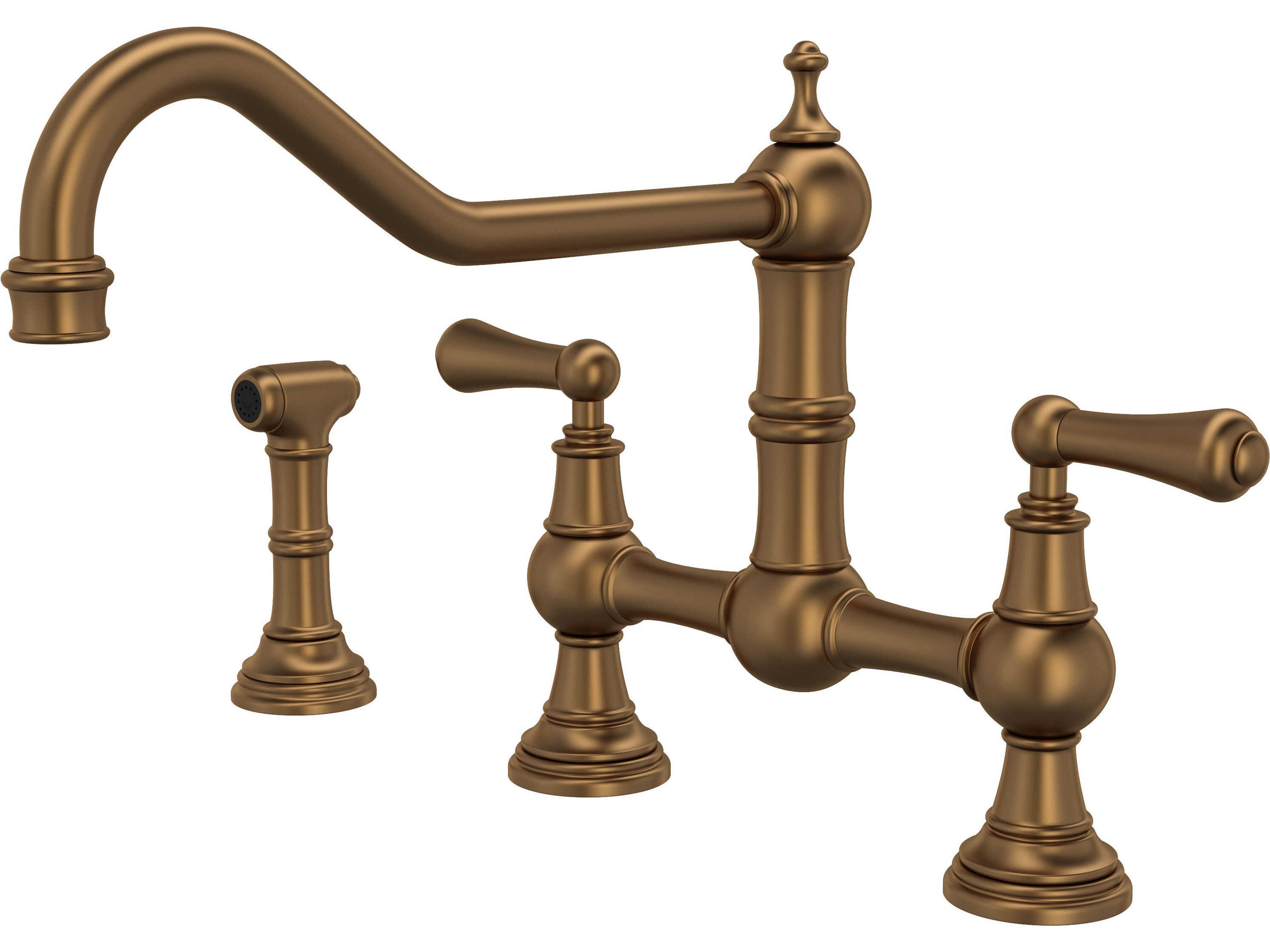 Perrin and Rowe Edwardian English Bronze Lever Handle Bridge Kitchen Faucet with Sidespray Rinse