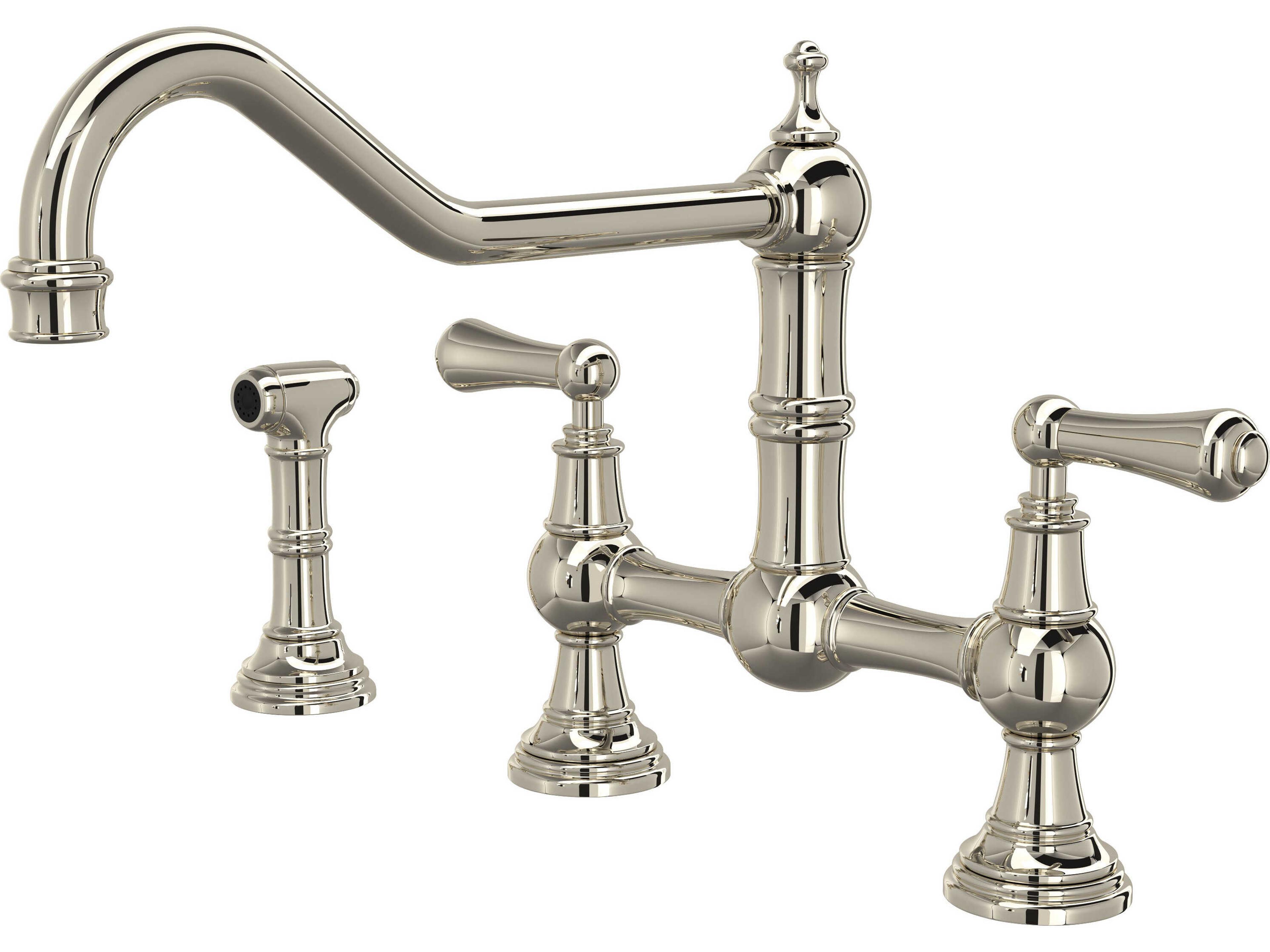 Edwardian Polished Nickel Extended Spout Bridge Kitchen Faucet with Side Spray