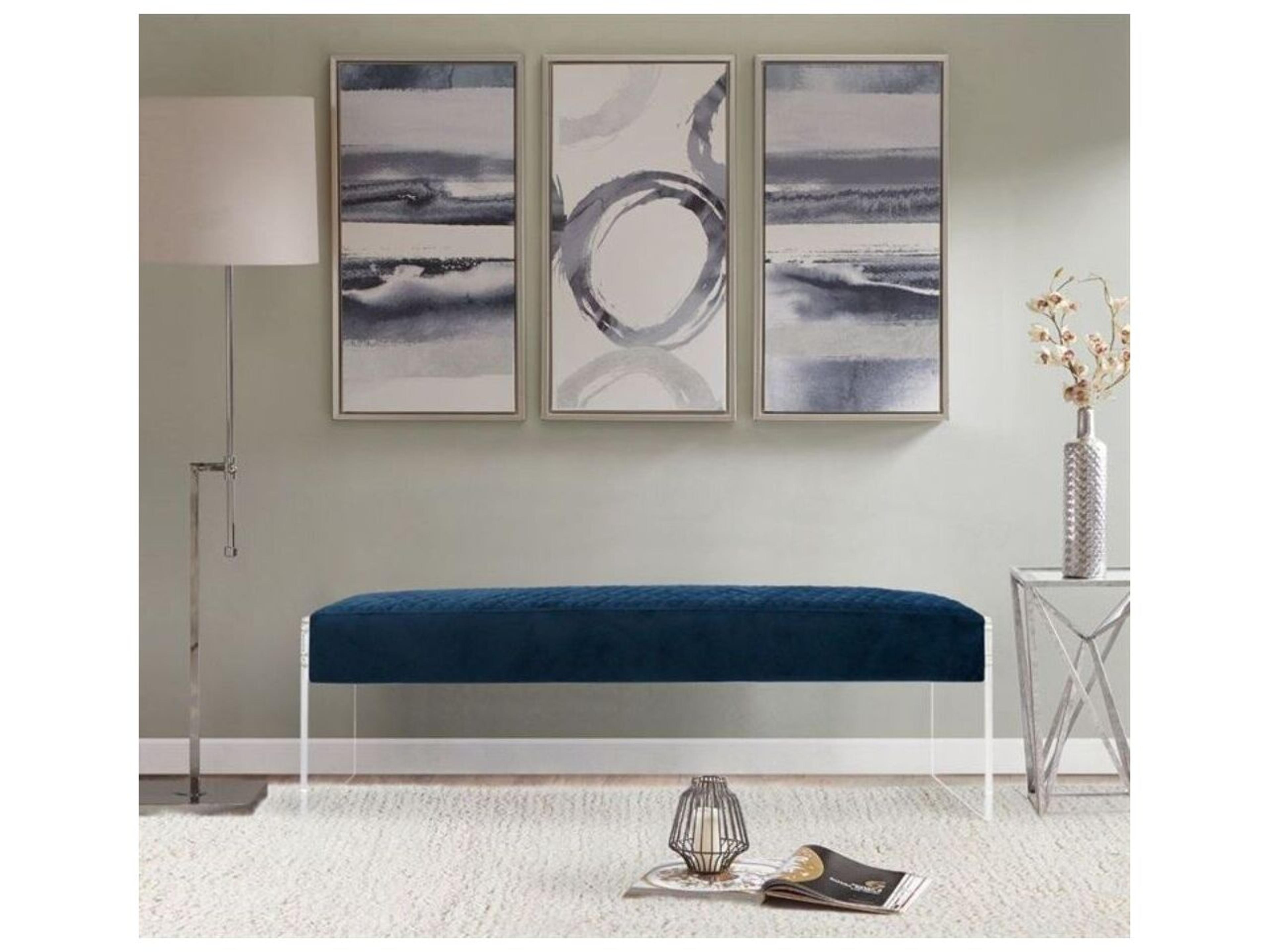 Pasargad Home Tribecca Navy Clear Blue Velvet Upholstered Accent Bench