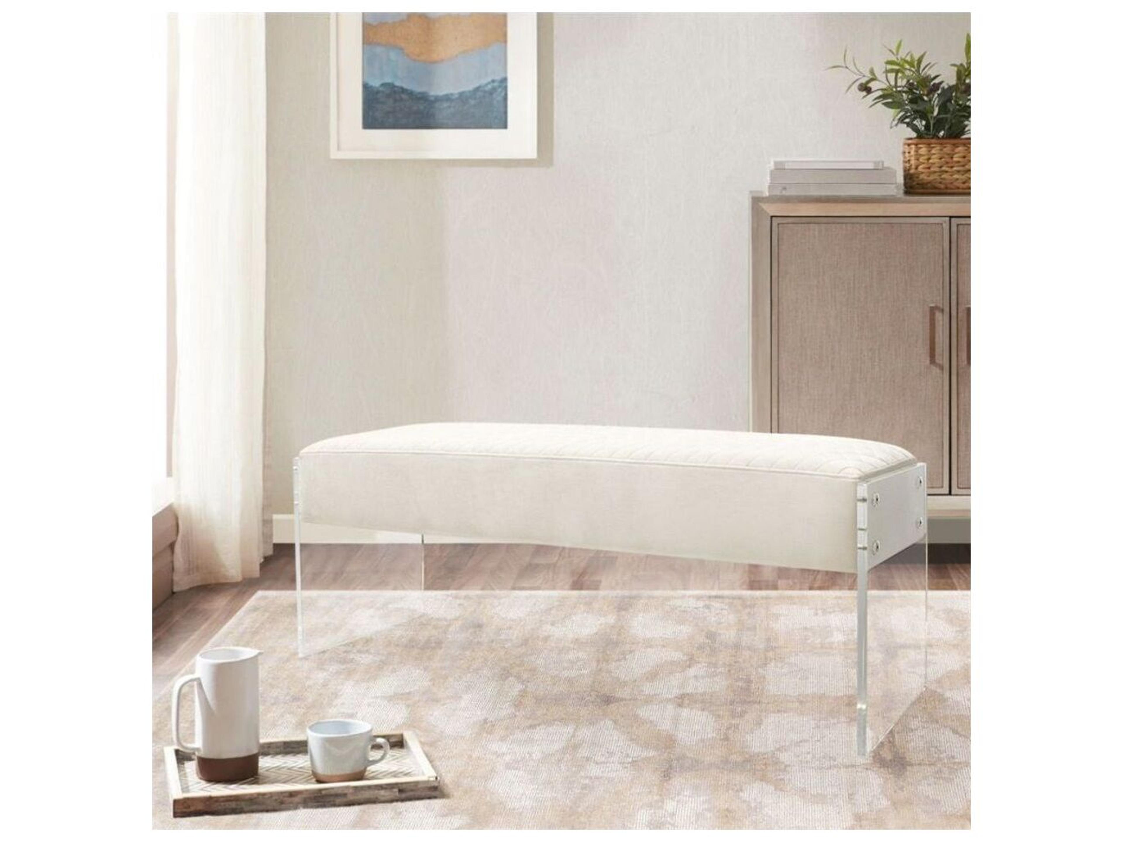 Pasargad Home Tribecca Ivory Clear White Velvet Upholstered Accent Bench
