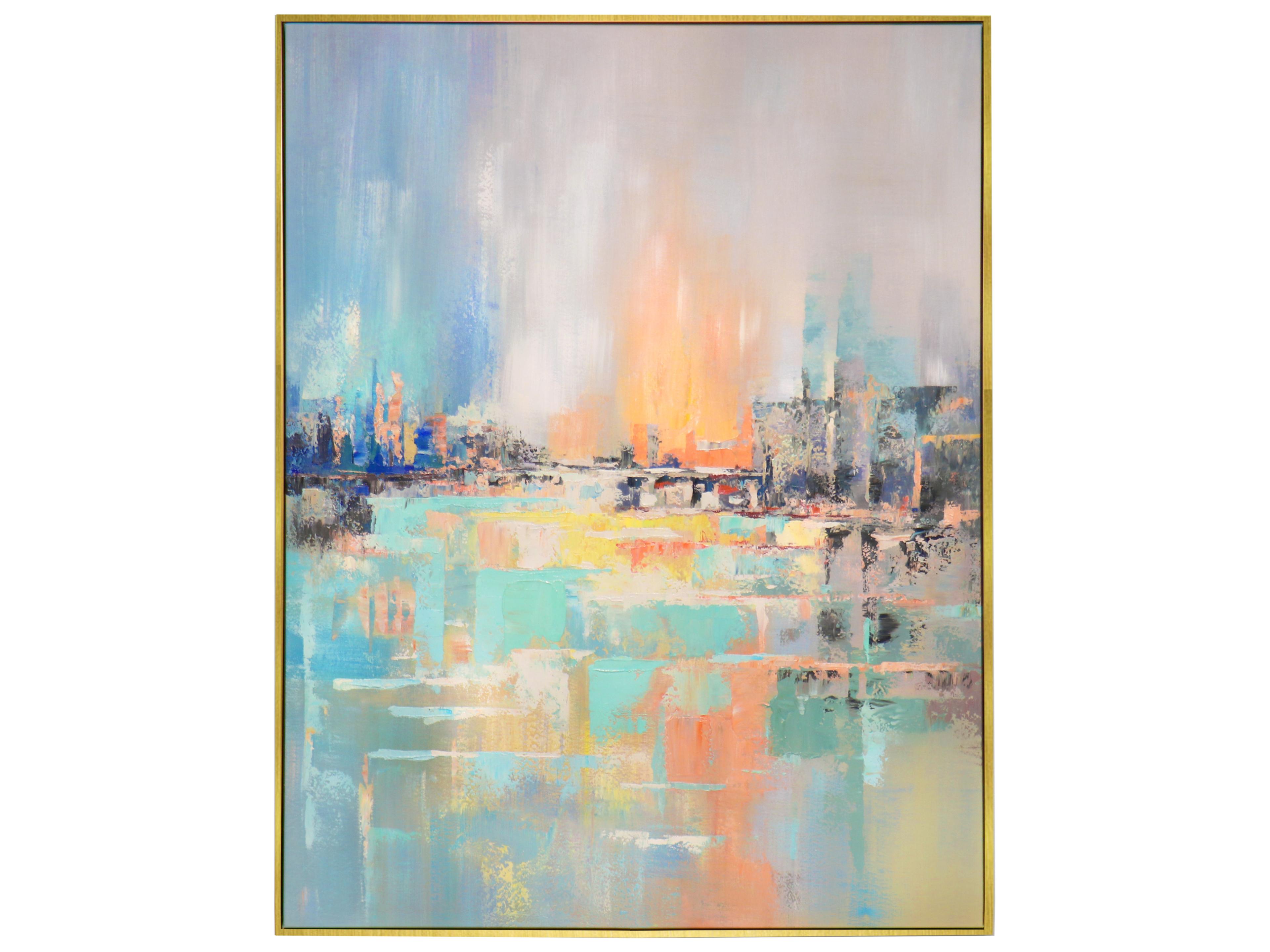 Lush Mirage Hand-Painted Blue & Multicolor Coastal Landscape Oil Painting