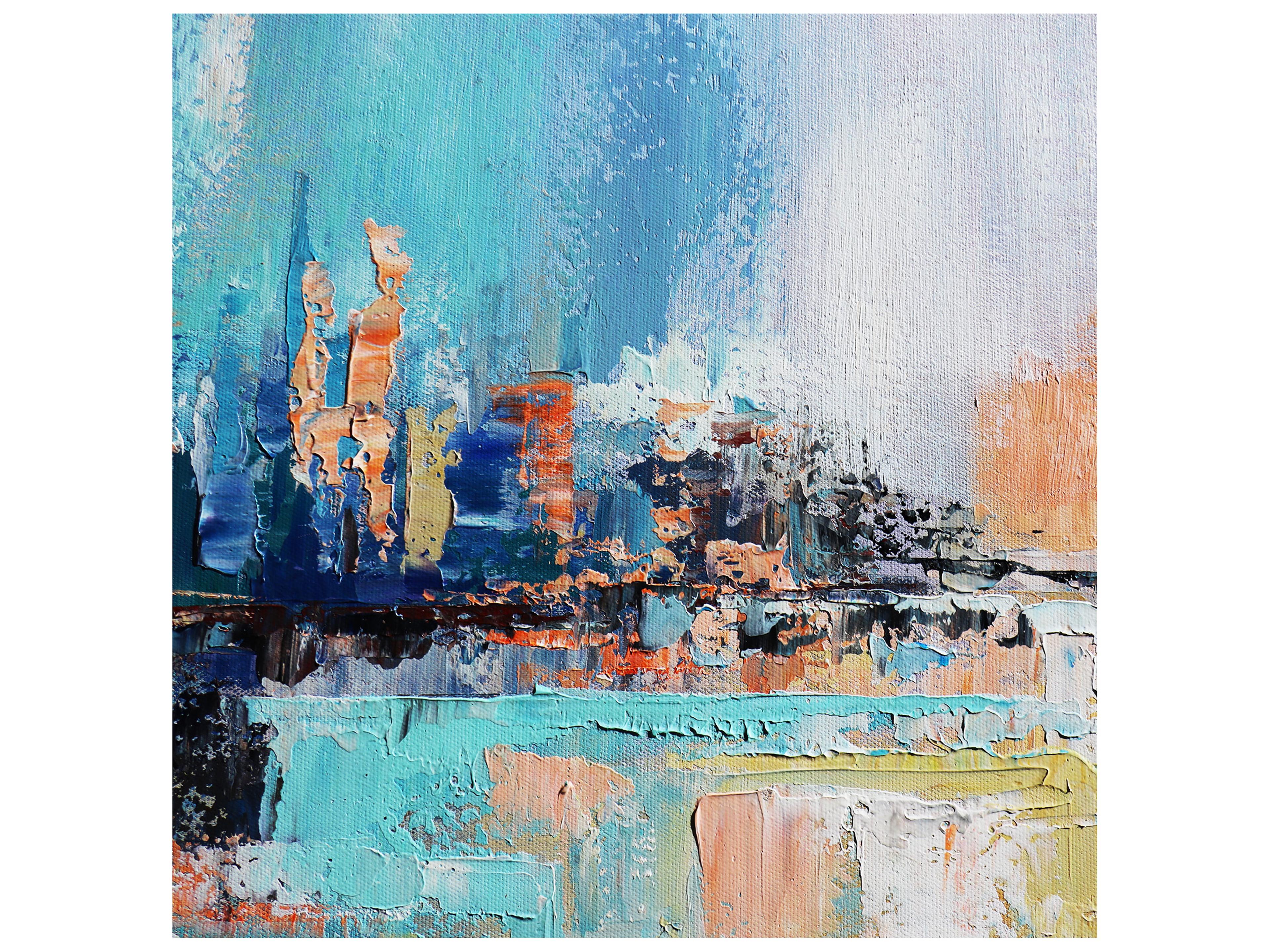 Pasargad Home Lush Mirage Hand-Painted Blue & Multicolor Coastal Landscape Oil Painting 
